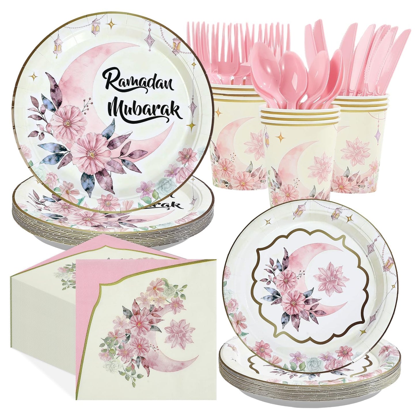 Greencian 168Pcs Ramadan Pink Watercolor Tableware Set — Serves 24