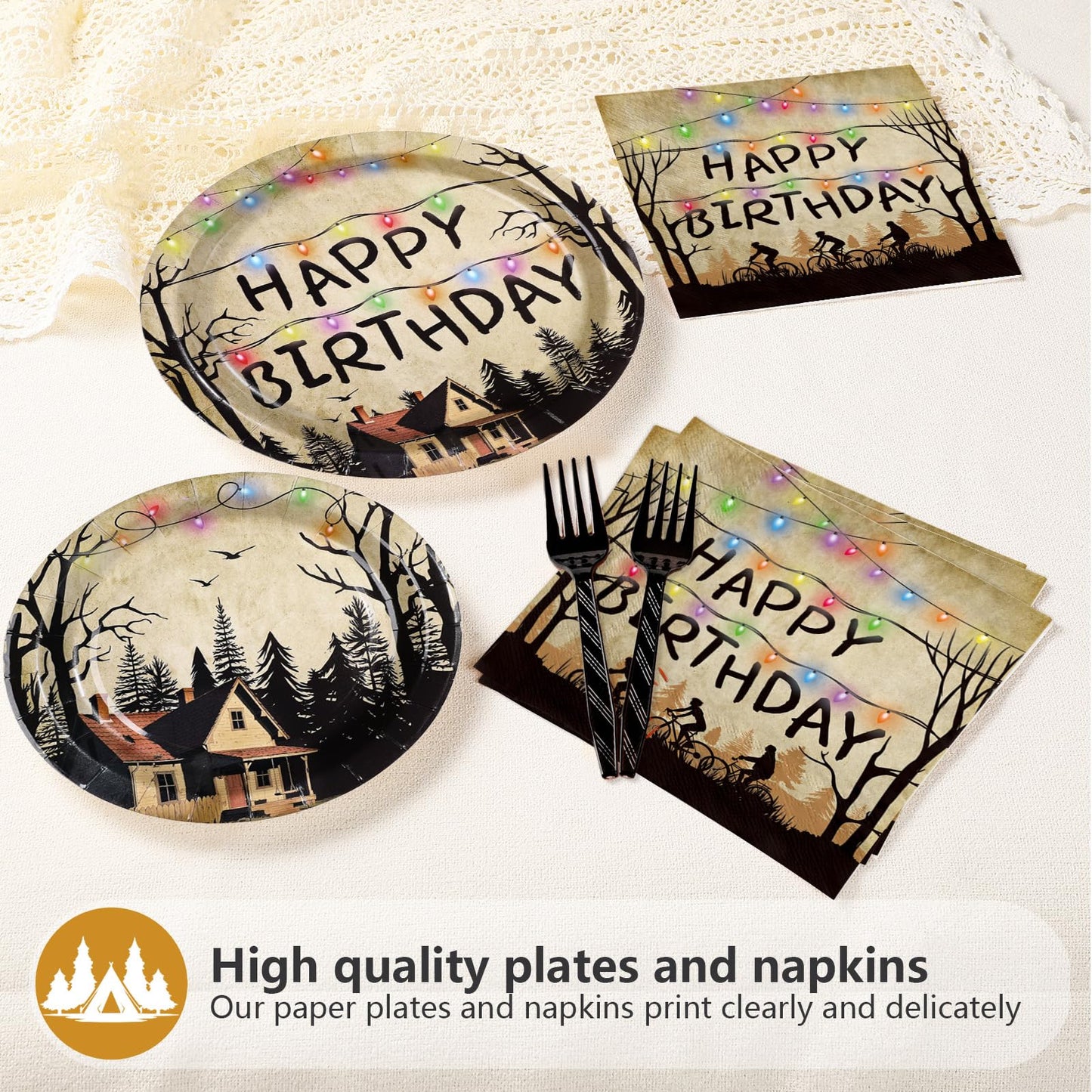 Greencian 96Pcs Spooky Rustic Tableware Set – Serves 24 (Plates, Napkins, Forks)