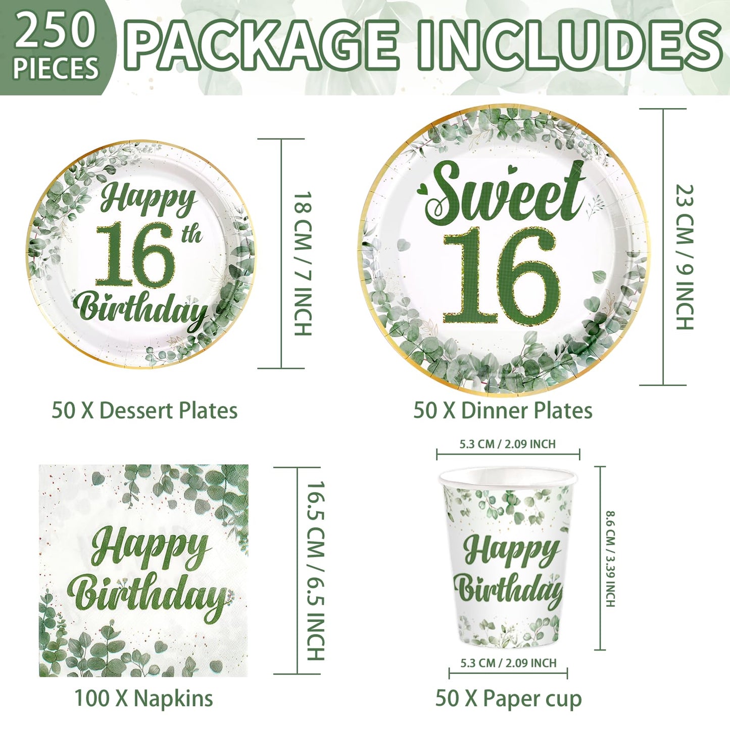 Greencian 250 Pcs Sweet 16 Sage Green Party Tableware Set – Serves 50