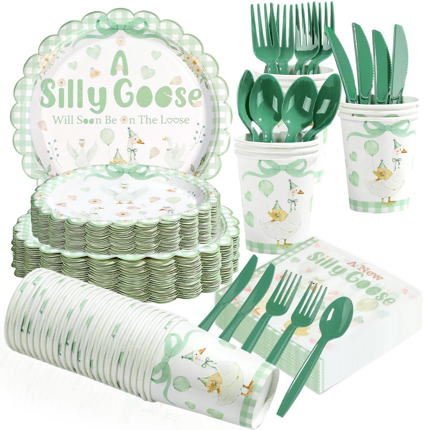 Greencian 168 Pcs Silly Goose Baby Shower Tableware Set – Serves 24, Green Gingham Duck Theme