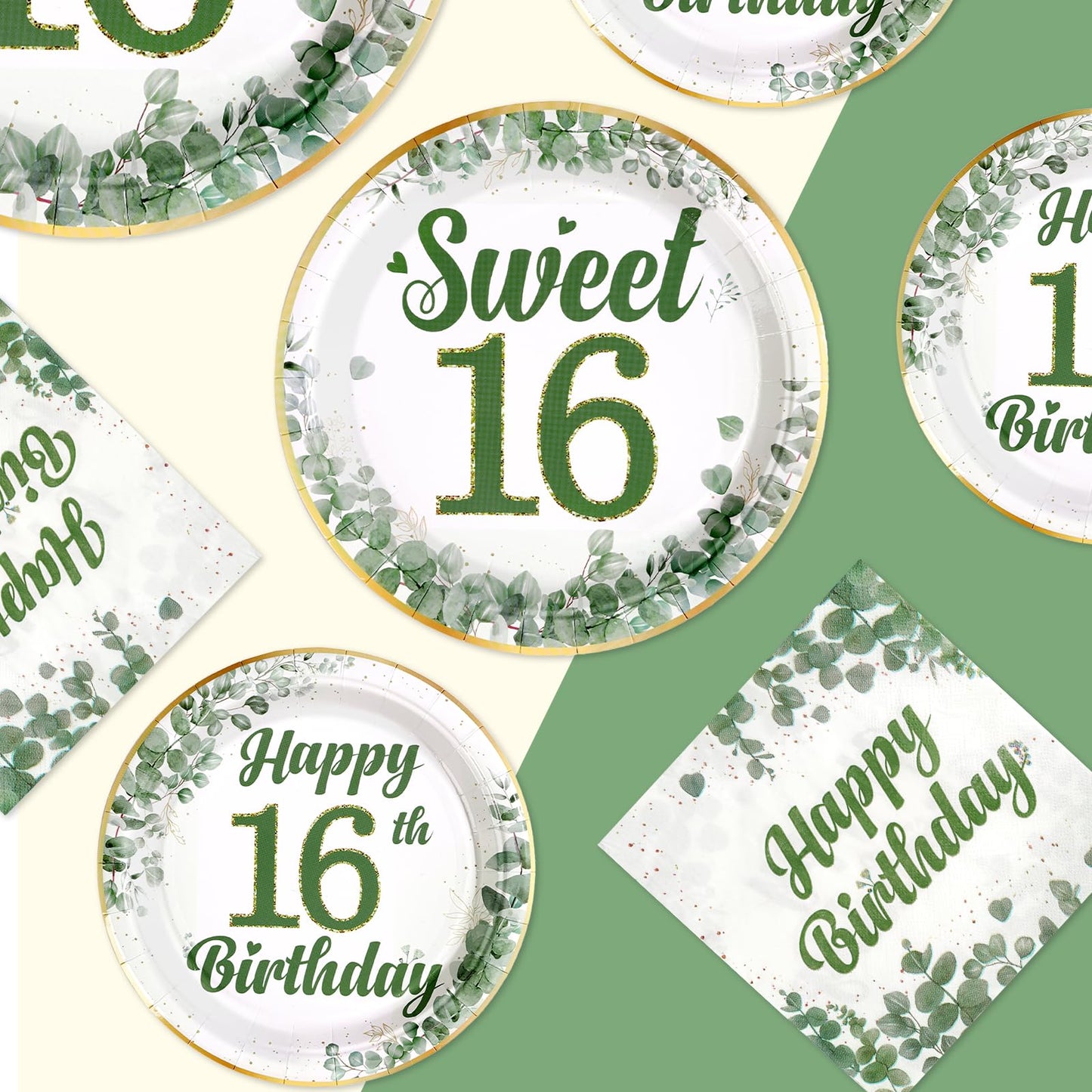 Greencian 250 Pcs Sweet 16 Sage Green Party Tableware Set – Serves 50