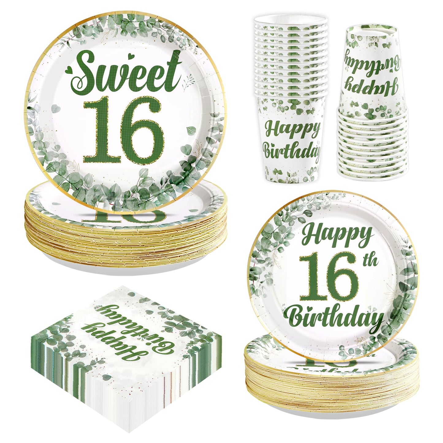 Greencian 250 Pcs Sweet 16 Sage Green Party Tableware Set – Serves 50
