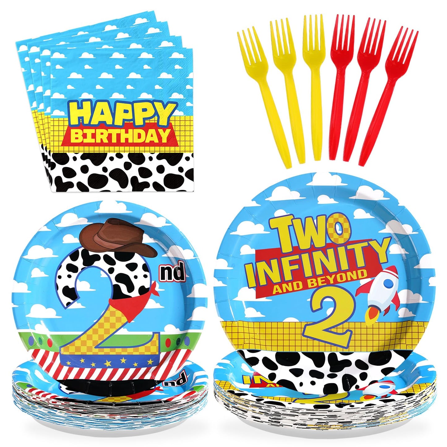 Greencian 96 Pcs Toy Cartoon Story 2nd Birthday Party Supplies — Plates & Napkins (Serves 24)