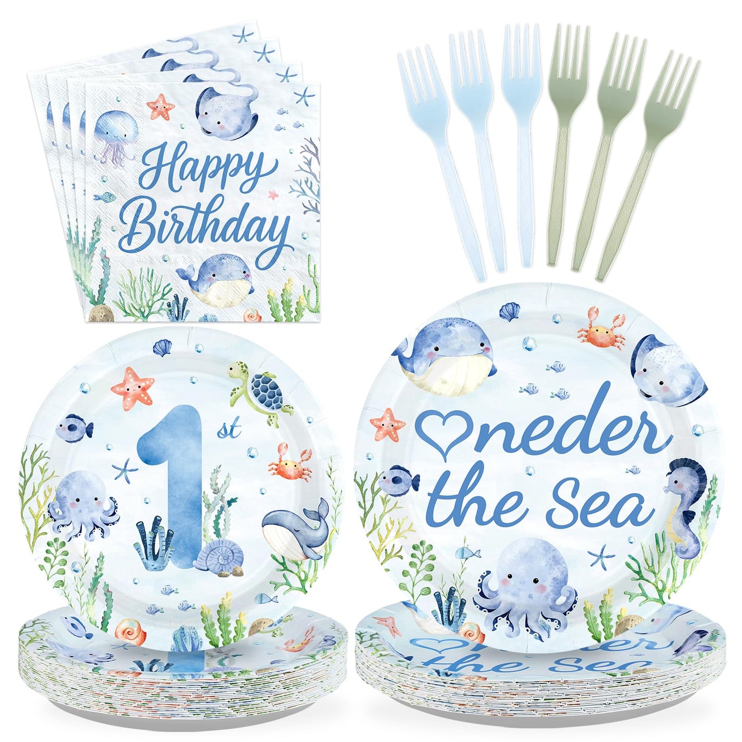 Greencian 96 Pcs Under The Sea Party Supplies – 1st Birthday Plates & Napkins, Serves 24