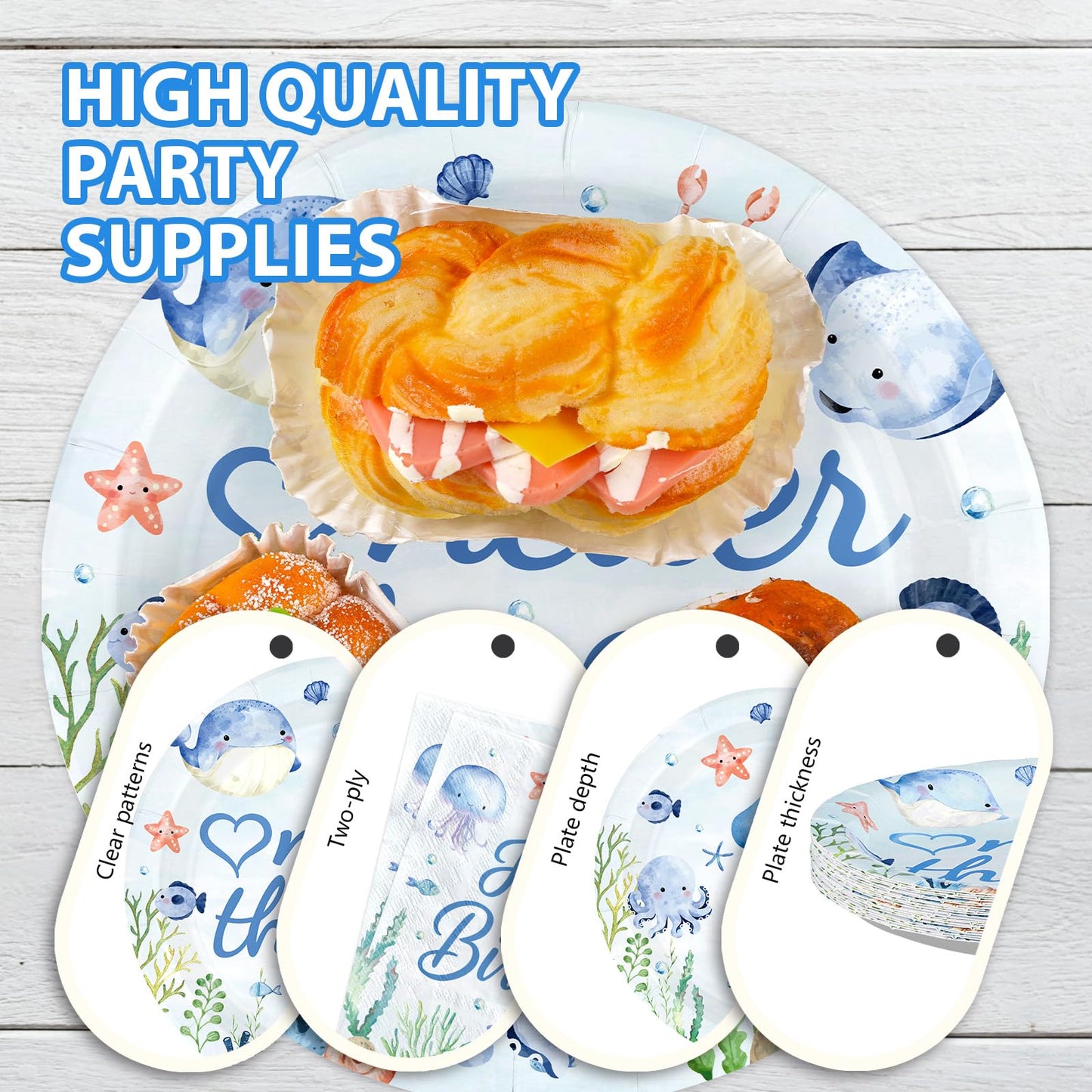 Greencian 96 Pcs Under The Sea Party Supplies – 1st Birthday Plates & Napkins, Serves 24