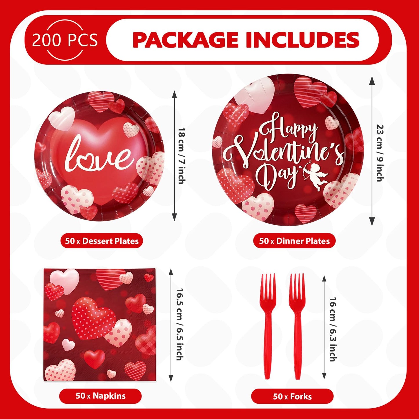 Greencian 200 Pcs Happy Valentine's Day Party Supplies — Romantic Hearts Plates, Napkins & Forks for 50