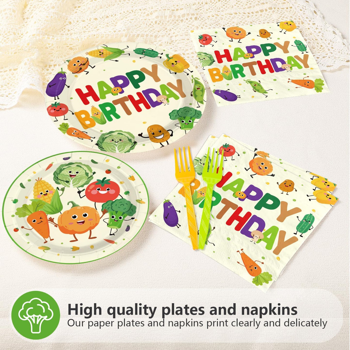 Greencian 96Pcs Vegetable Birthday Party Supplies – Serves 24, Garden Theme Tableware