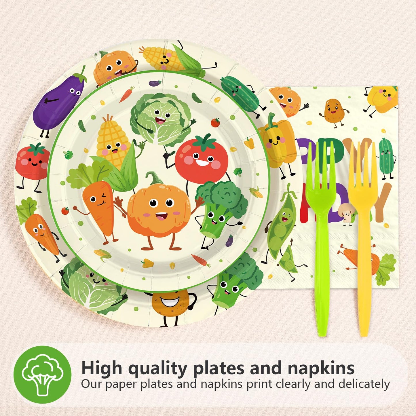 Greencian 96Pcs Vegetable Birthday Party Supplies – Serves 24, Garden Theme Tableware