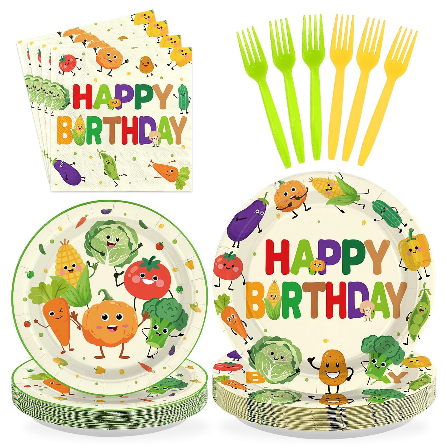 Greencian 96Pcs Vegetable Birthday Party Supplies – Serves 24, Garden Theme Tableware