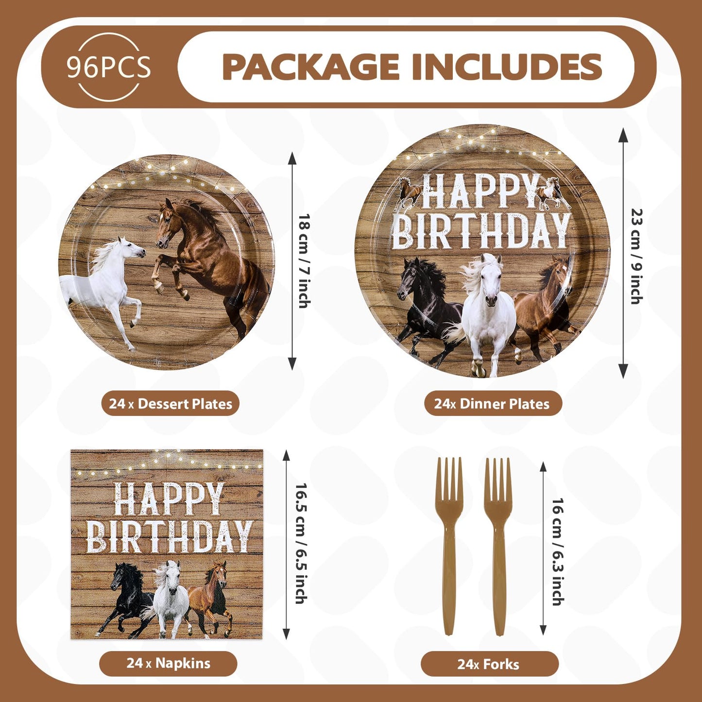 Greencian 96Pcs Horse Birthday Party Supplies – Western Plates, Napkins & Forks (Serves 24)