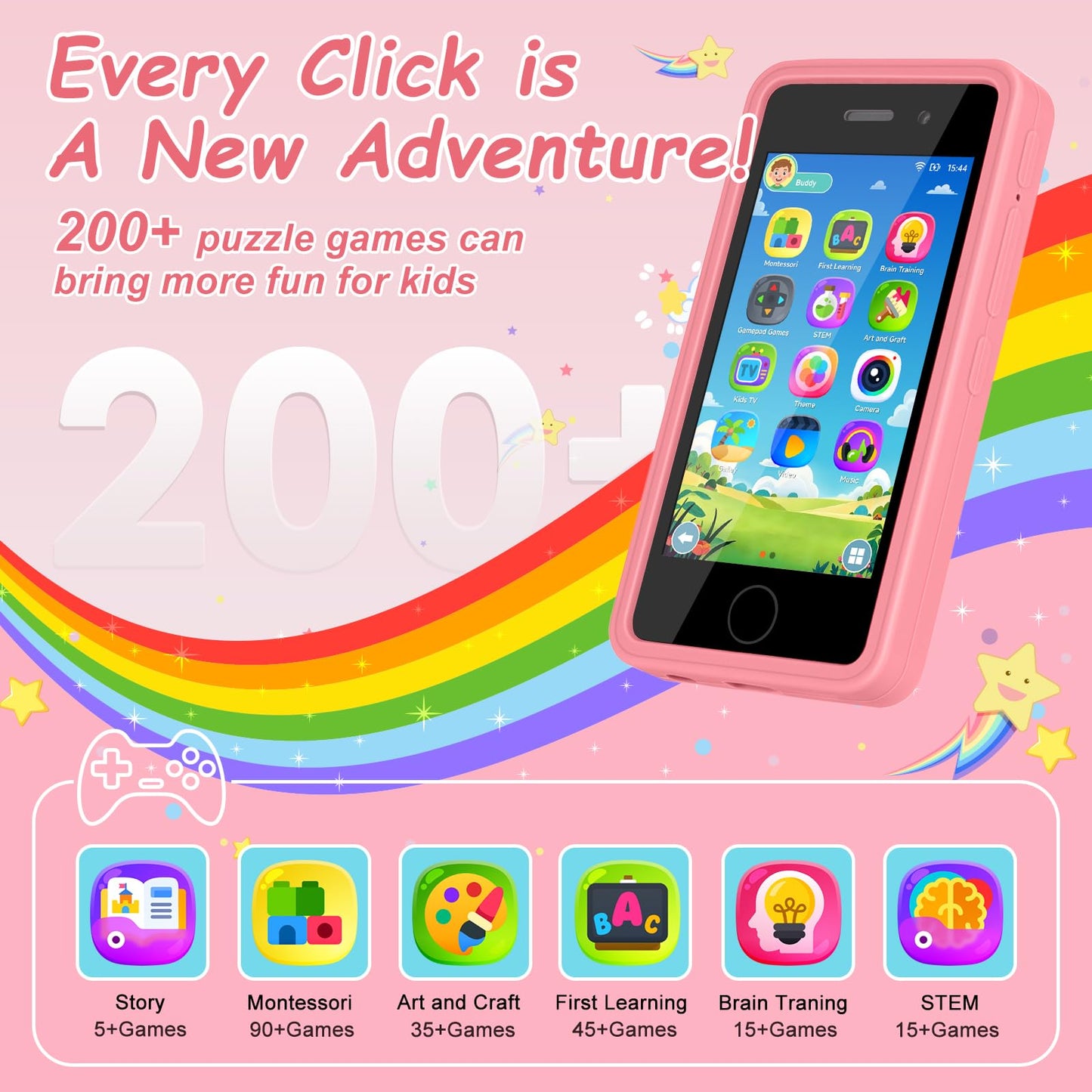 GREENCREEK 3.97-inch Touchscreen Kids Phone with 200+ Games & Dual Camera (Pink)