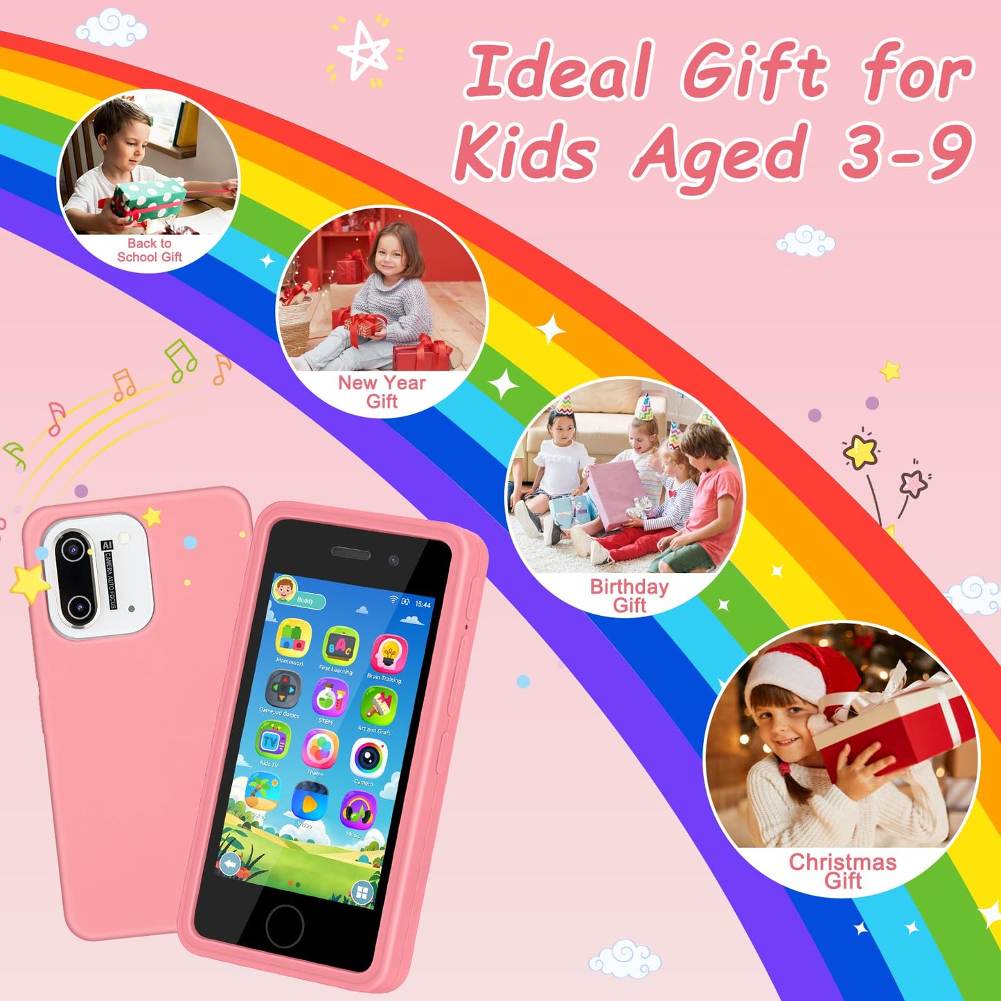 GREENCREEK 3.97-inch Touchscreen Kids Phone with 200+ Games & Dual Camera (Pink)