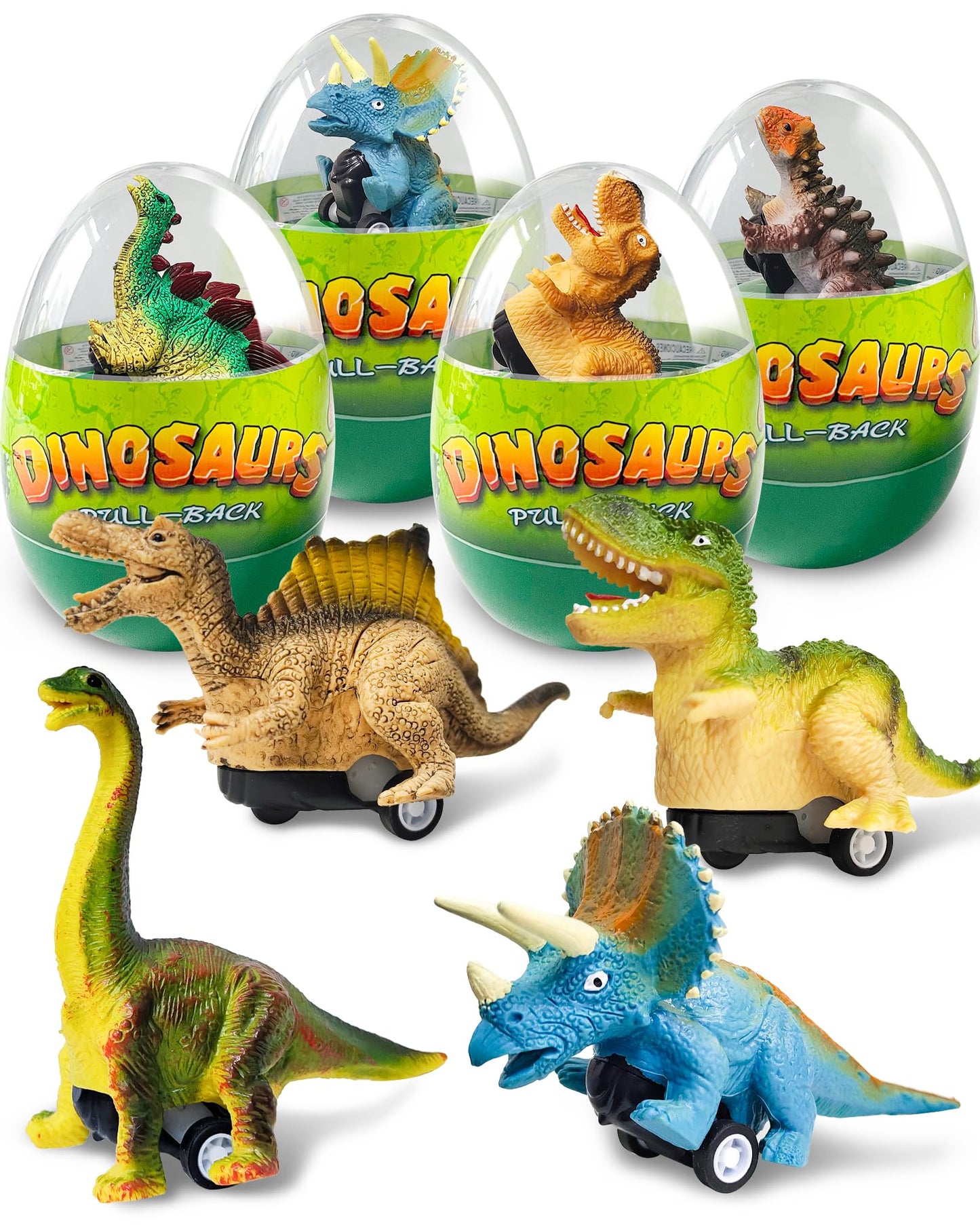 Greingways 4 Pack Dinosaur Pull-Back Cars in Prefilled Easter Eggs | Montessori Toddler Toys