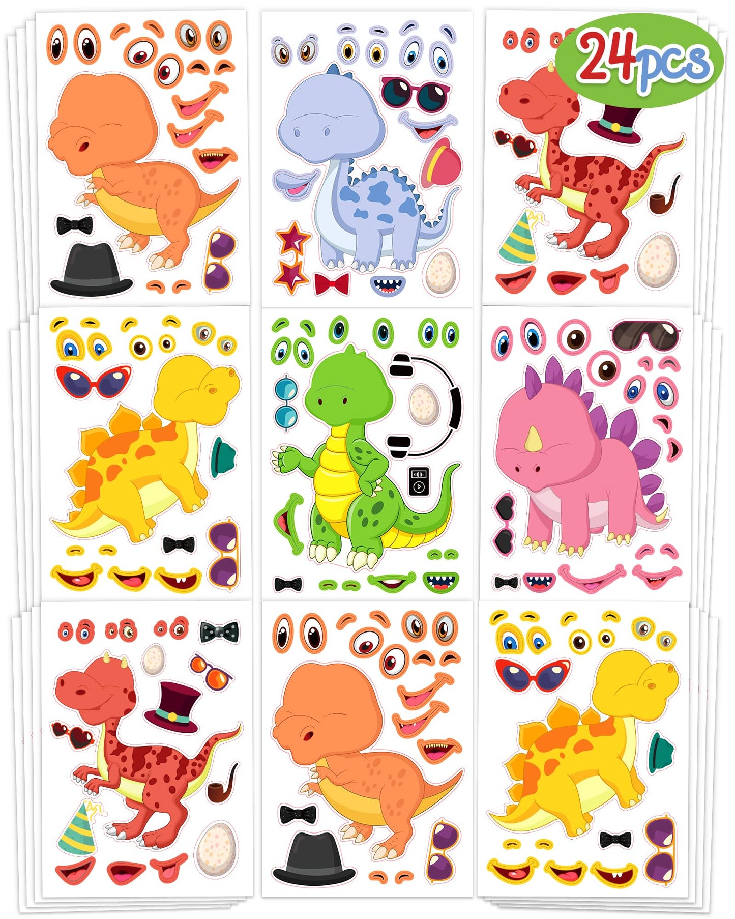 Greingways 24 Pcs Make Your Own Dinosaur Sticker Sheets – Kids DIY Party Favors & Craft Activity