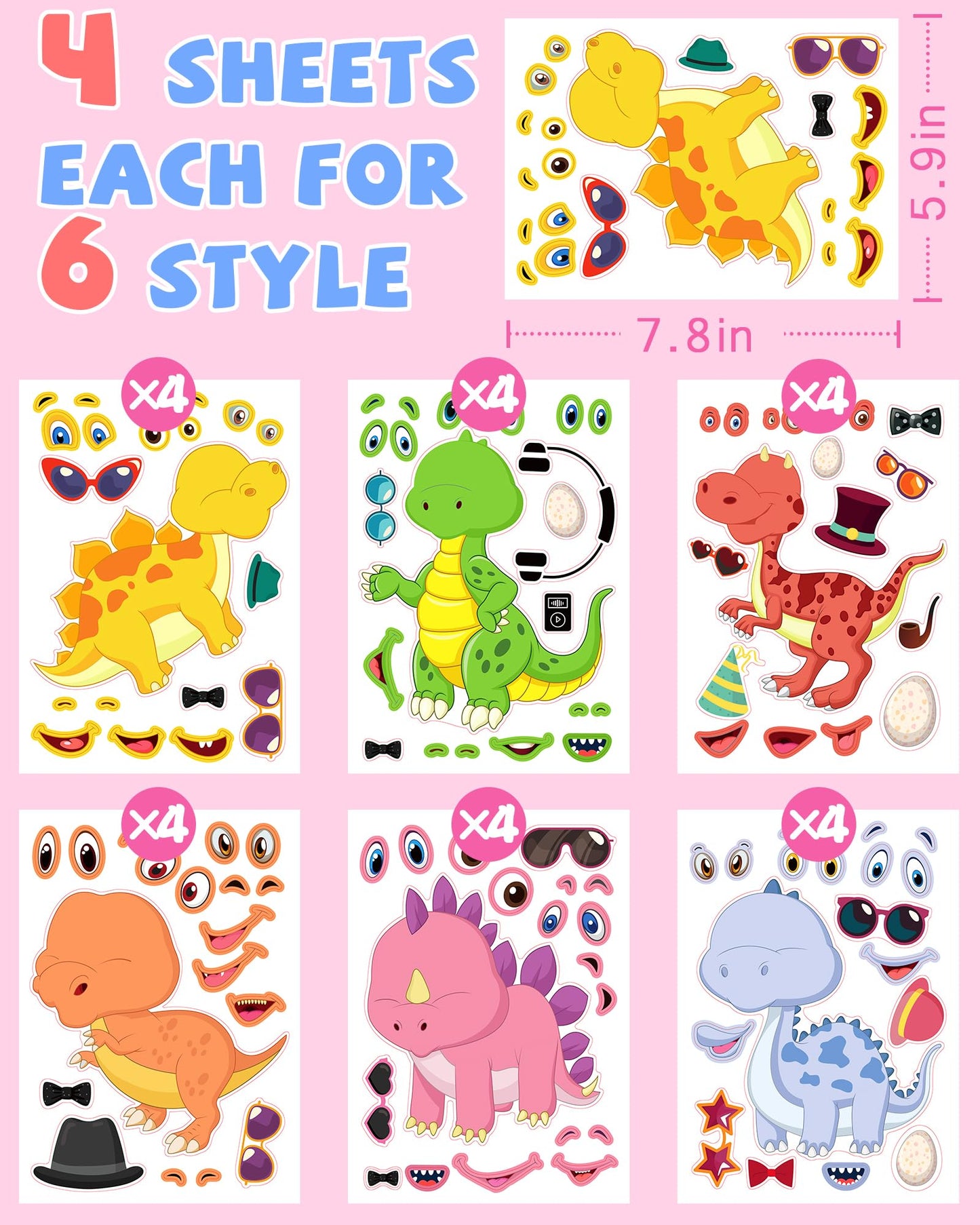 Greingways 24 Pcs Make Your Own Dinosaur Sticker Sheets – Kids DIY Party Favors & Craft Activity
