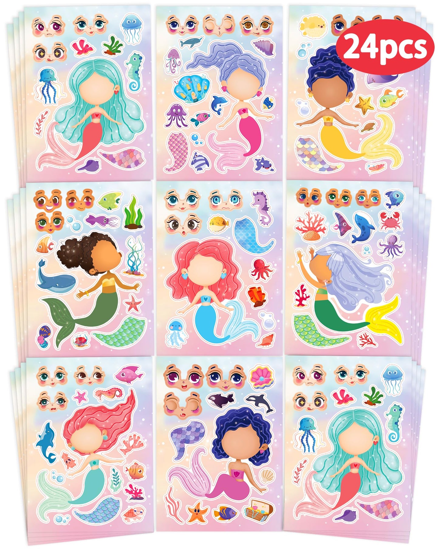 Greingways Mermaid Sticker Sheets for Kids – 24 Pcs DIY Face Stickers