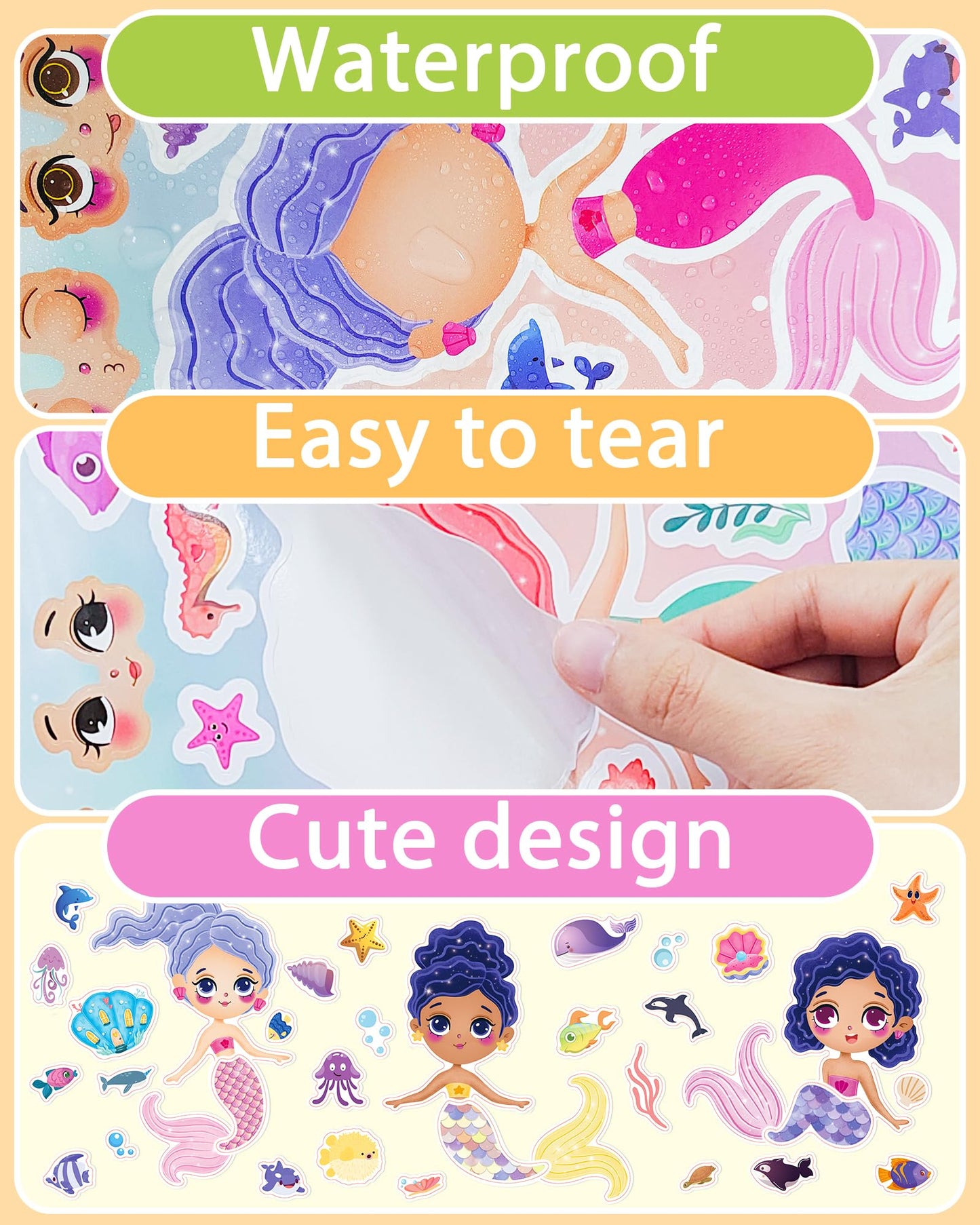 Greingways Mermaid Sticker Sheets for Kids – 24 Pcs DIY Face Stickers