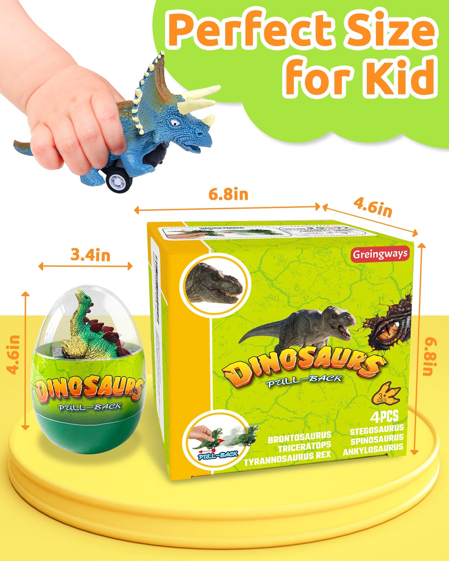 Greingways 4 Pack Dinosaur Pull-Back Cars in Prefilled Easter Eggs | Montessori Toddler Toys
