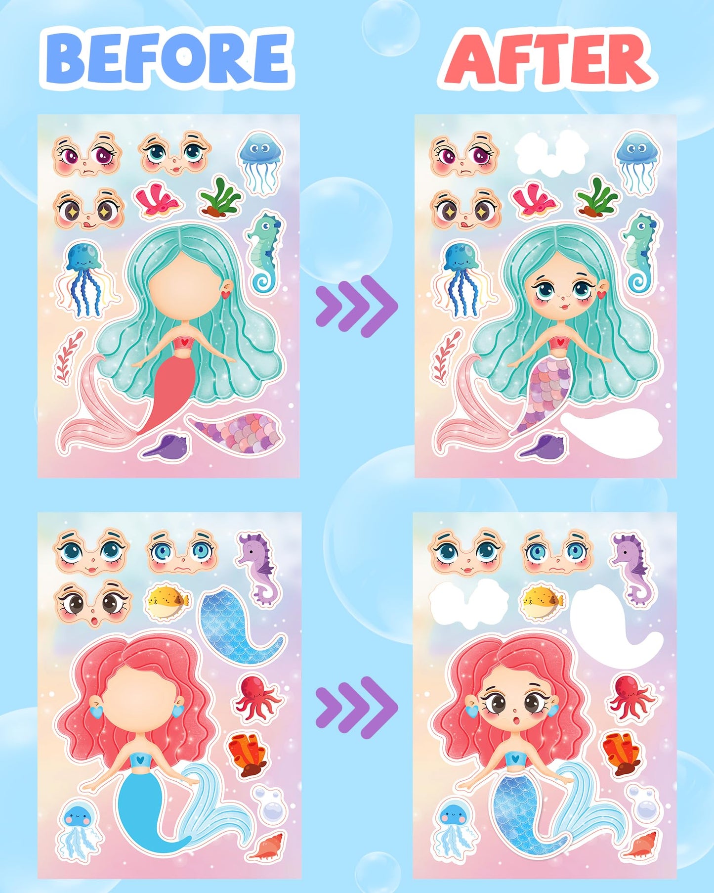 Greingways Mermaid Sticker Sheets for Kids – 24 Pcs DIY Face Stickers