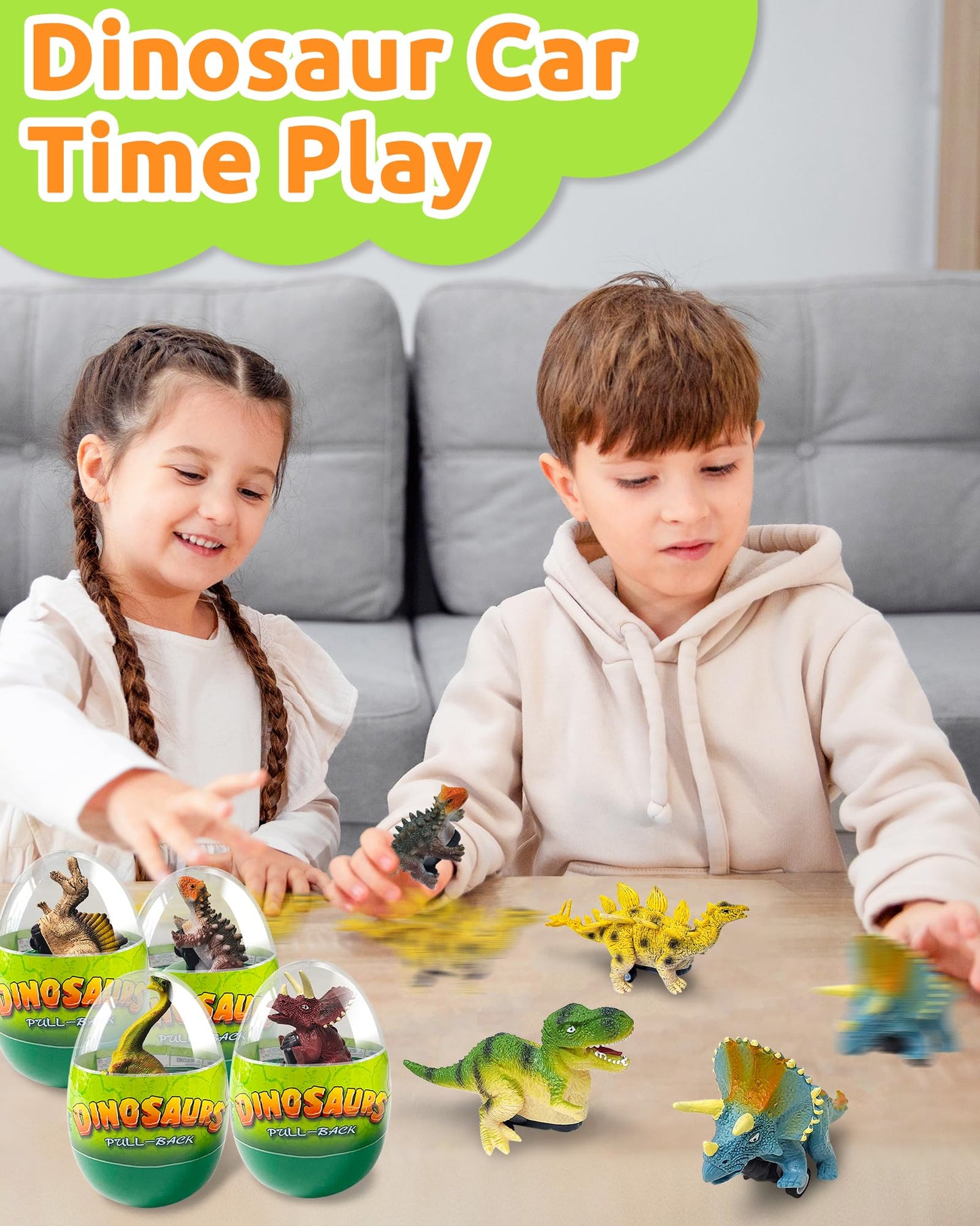 Greingways 4 Pack Dinosaur Pull-Back Cars in Prefilled Easter Eggs | Montessori Toddler Toys