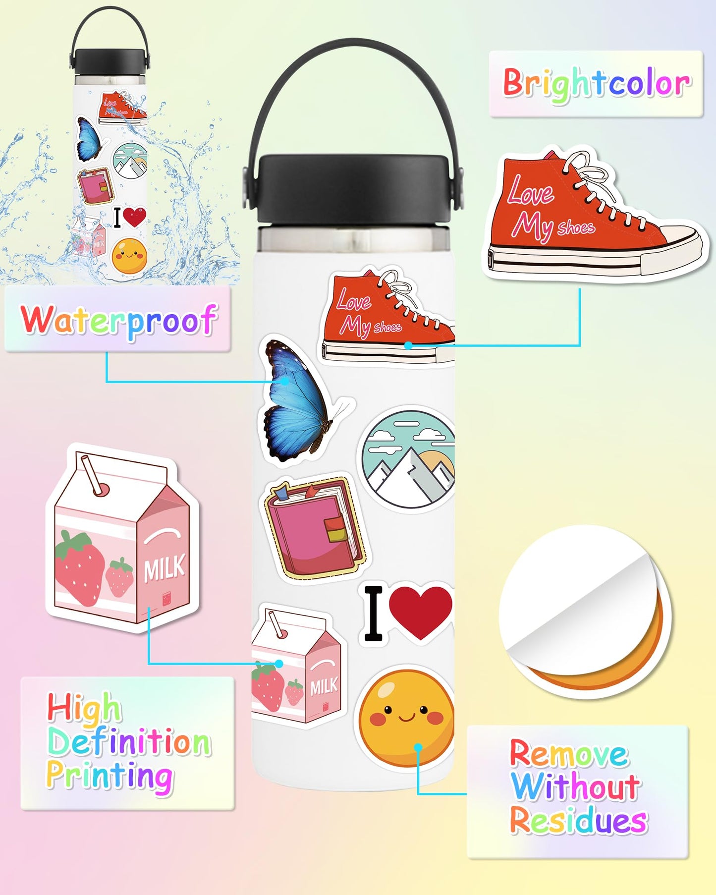 Greingways 100-Pack Water Bottle Sticker Set – Waterproof Vinyl VSCO Stickers