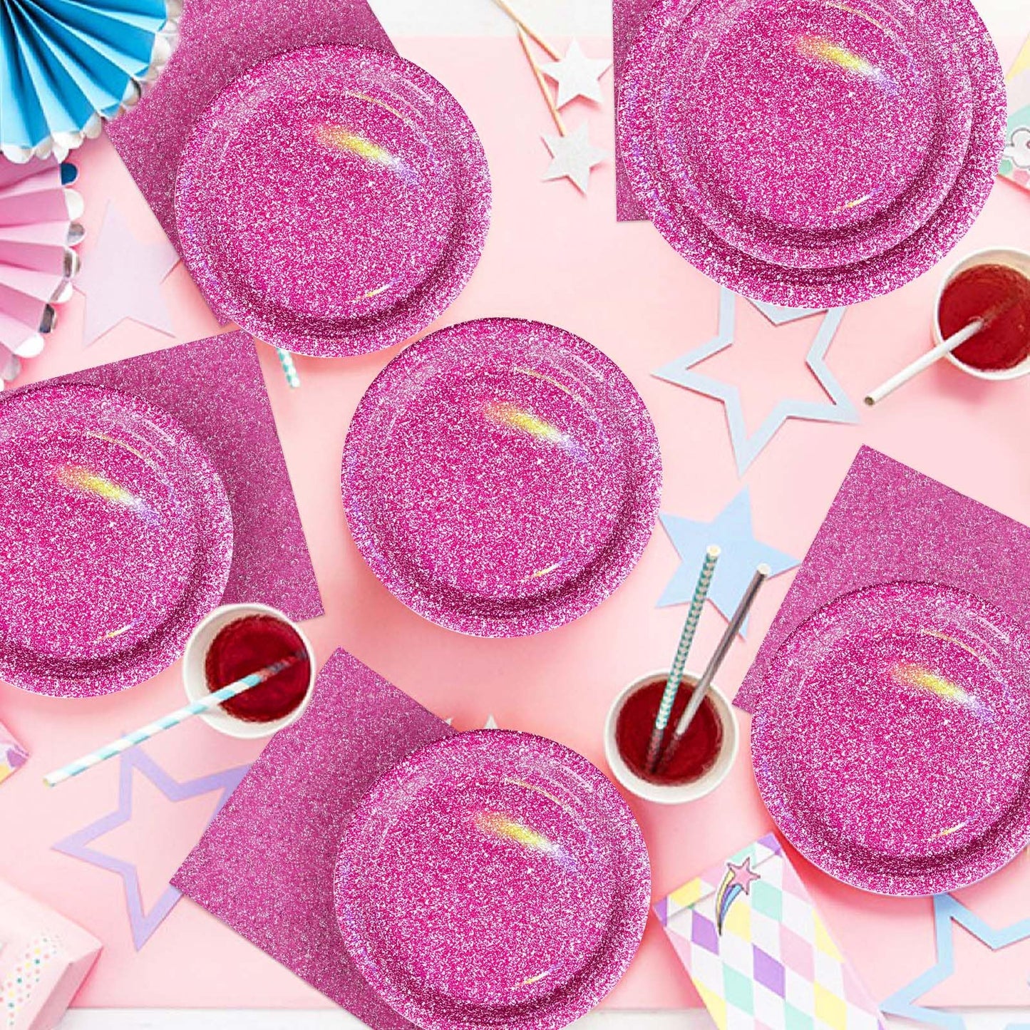 Grencian 96 Pcs Hot Pink Party Supplies – Holographic Plates & Napkins Set for 24