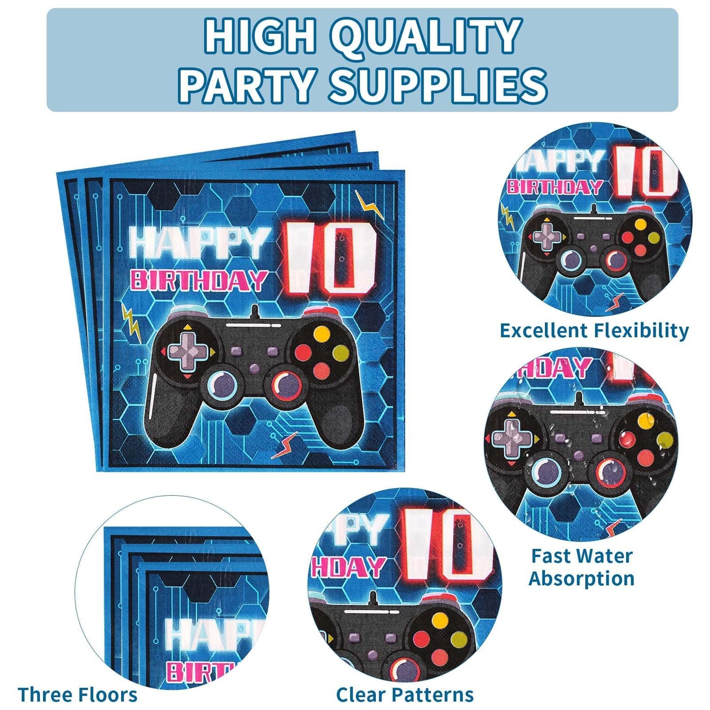 Grencian 96-Pcs 10th Video Game Birthday Tableware Set – Blue Level 10 Plates, Napkins & Forks (Serves 24)