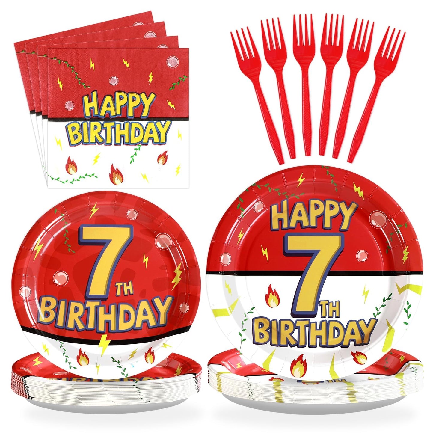 Grencian 96Pcs Happy 7th Birthday Tableware Set – Cartoon Red & White Theme, Serves 24