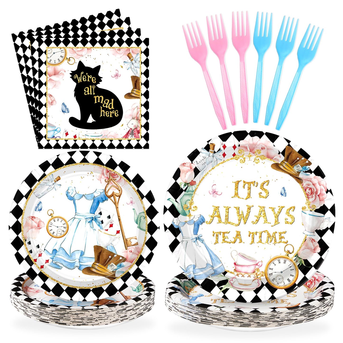 Grencian 96-Piece Alice in Onderland Party Tableware Set – Plates, Napkins & Forks for 24