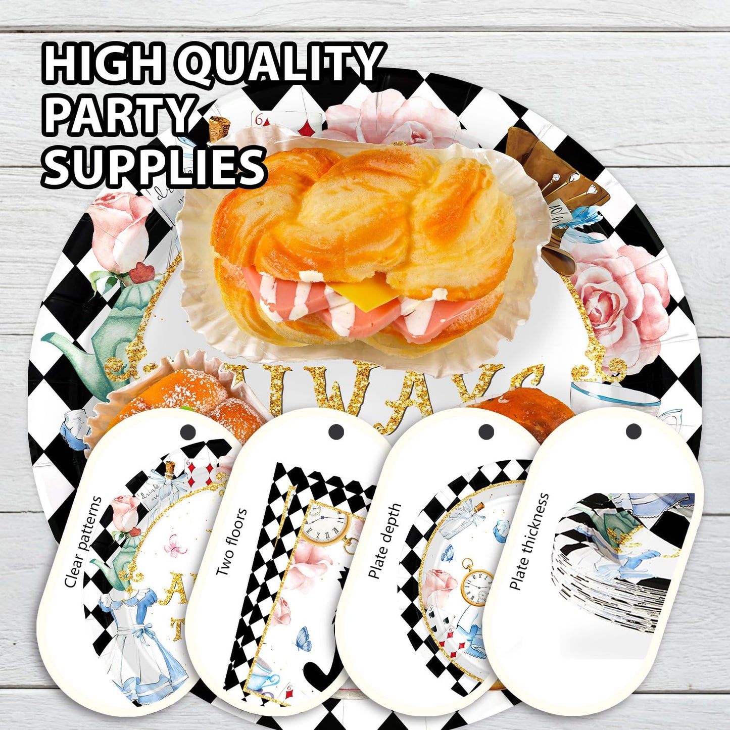Grencian 96-Piece Alice in Onderland Party Tableware Set – Plates, Napkins & Forks for 24
