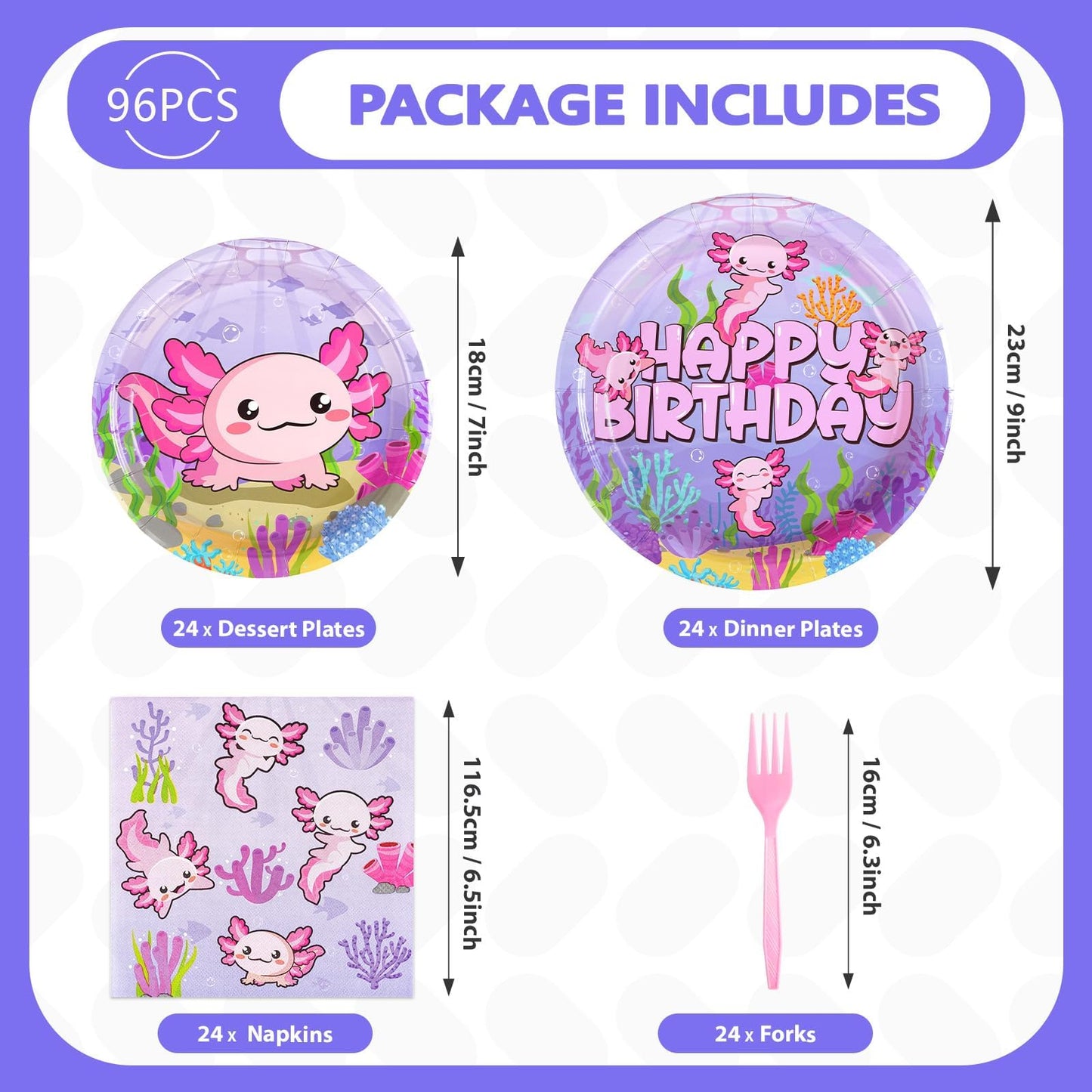 Grencian 96Pcs Axolotl Birthday Party Set – Pink Plates, Napkins & Forks (Serves 24)