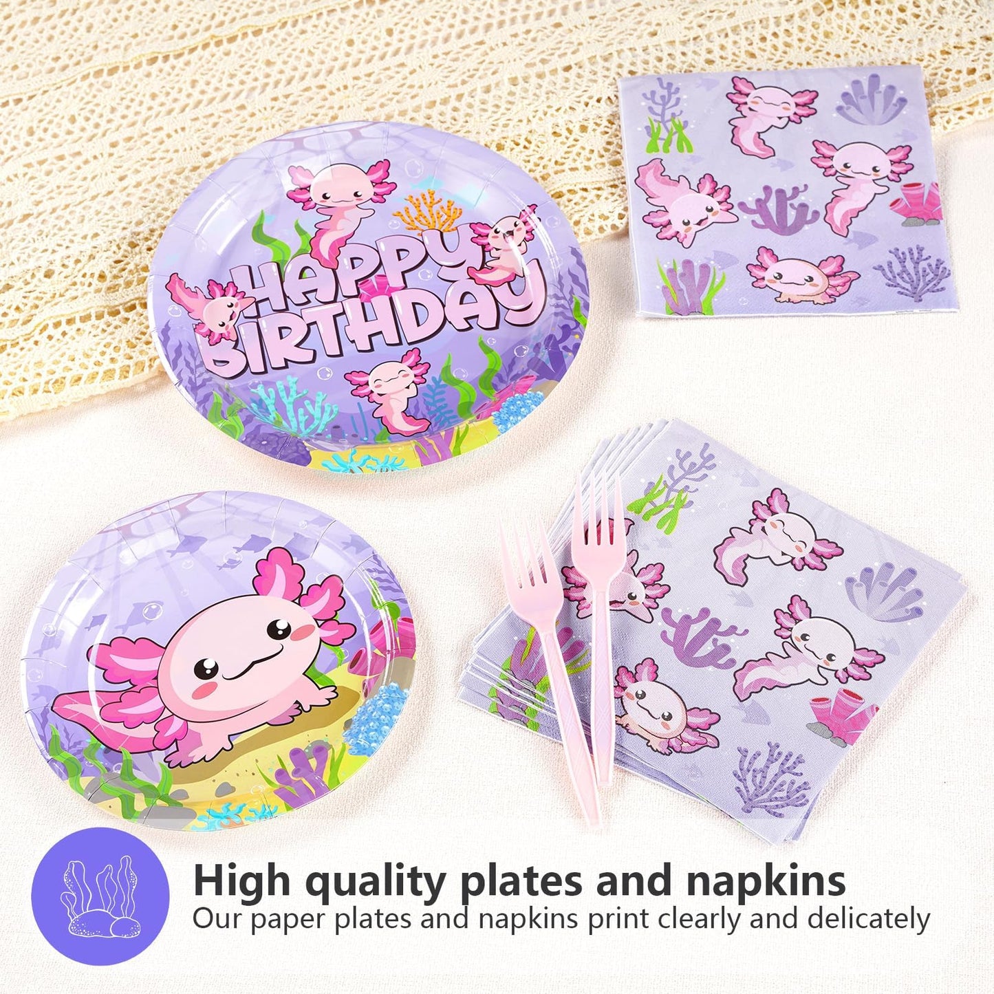 Grencian 96Pcs Axolotl Birthday Party Set – Pink Plates, Napkins & Forks (Serves 24)