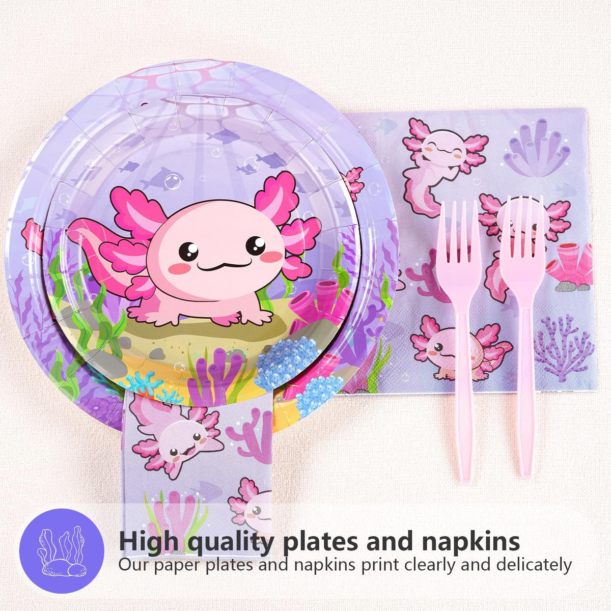 Grencian 96Pcs Axolotl Birthday Party Set – Pink Plates, Napkins & Forks (Serves 24)