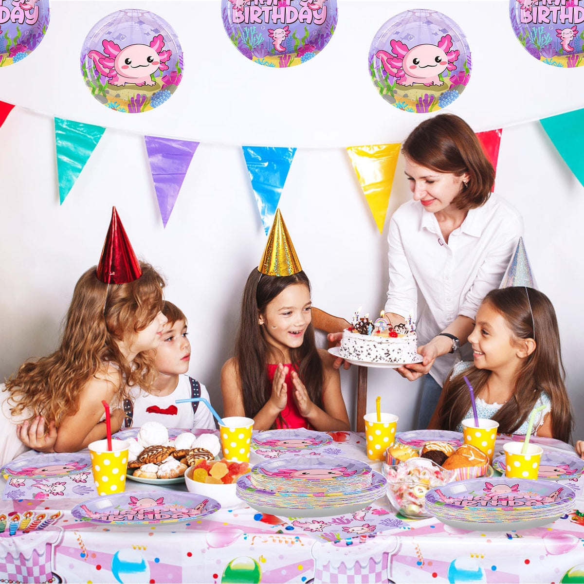 Grencian 96Pcs Axolotl Birthday Party Set – Pink Plates, Napkins & Forks (Serves 24)