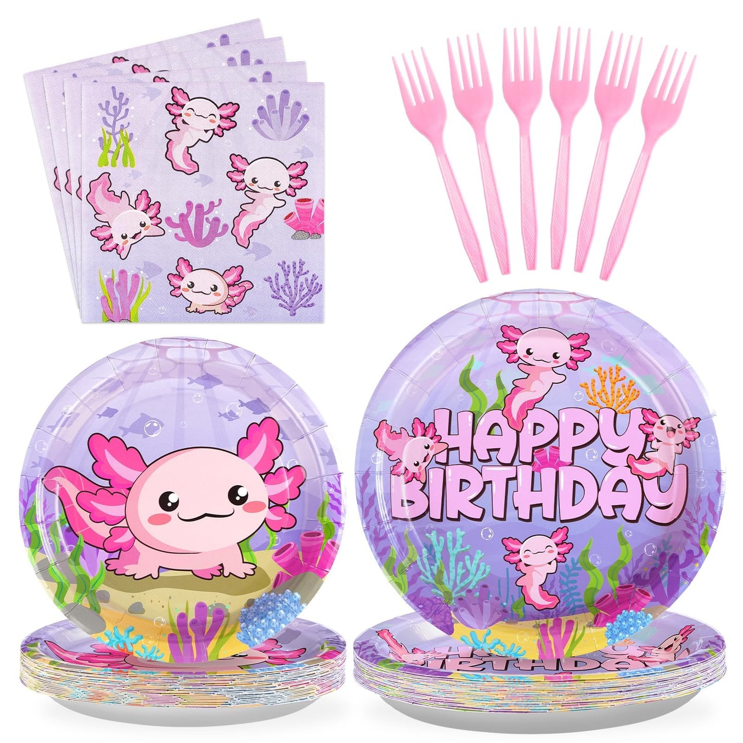 Grencian 96Pcs Axolotl Birthday Party Set – Pink Plates, Napkins & Forks (Serves 24)