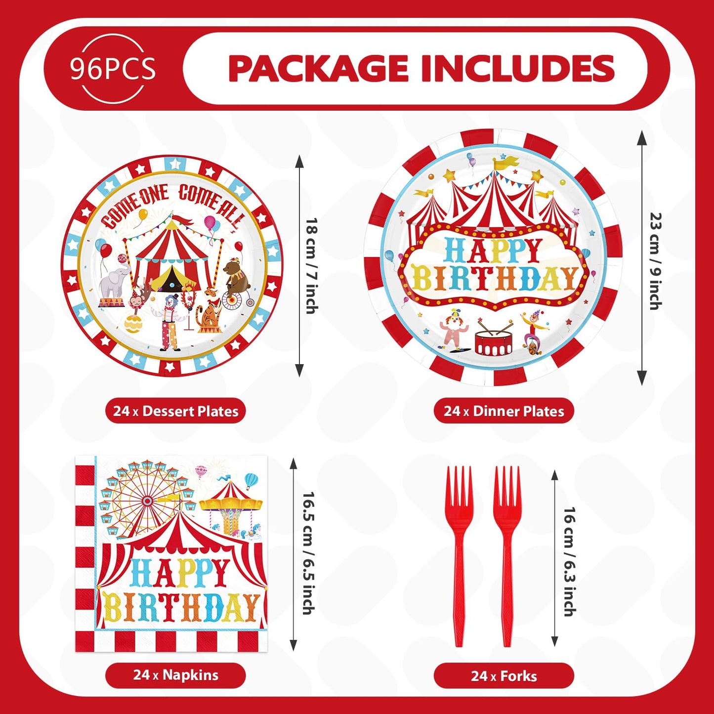 Grencian 96Pcs Carnival Circus Party Plates & Napkins – Serves 24 | Birthday Tableware Set
