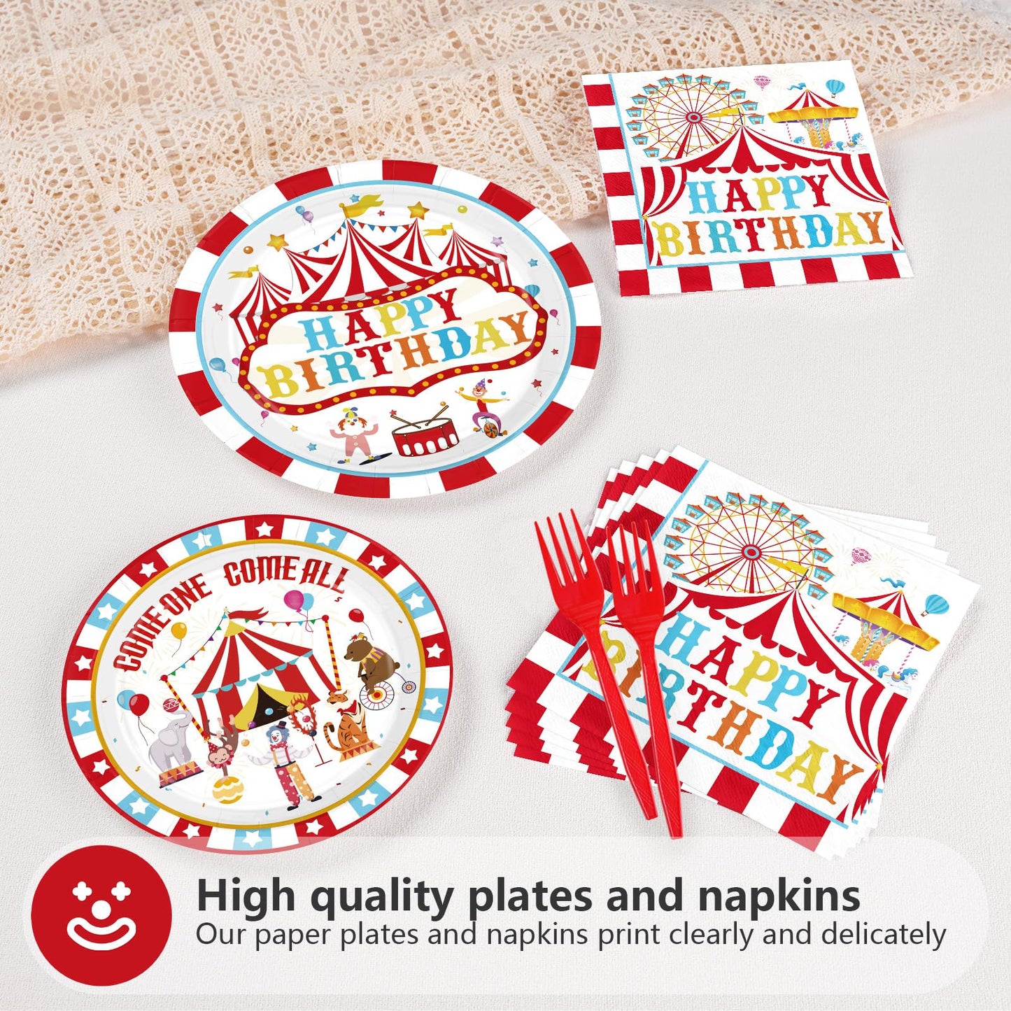 Grencian 96Pcs Carnival Circus Party Plates & Napkins – Serves 24 | Birthday Tableware Set