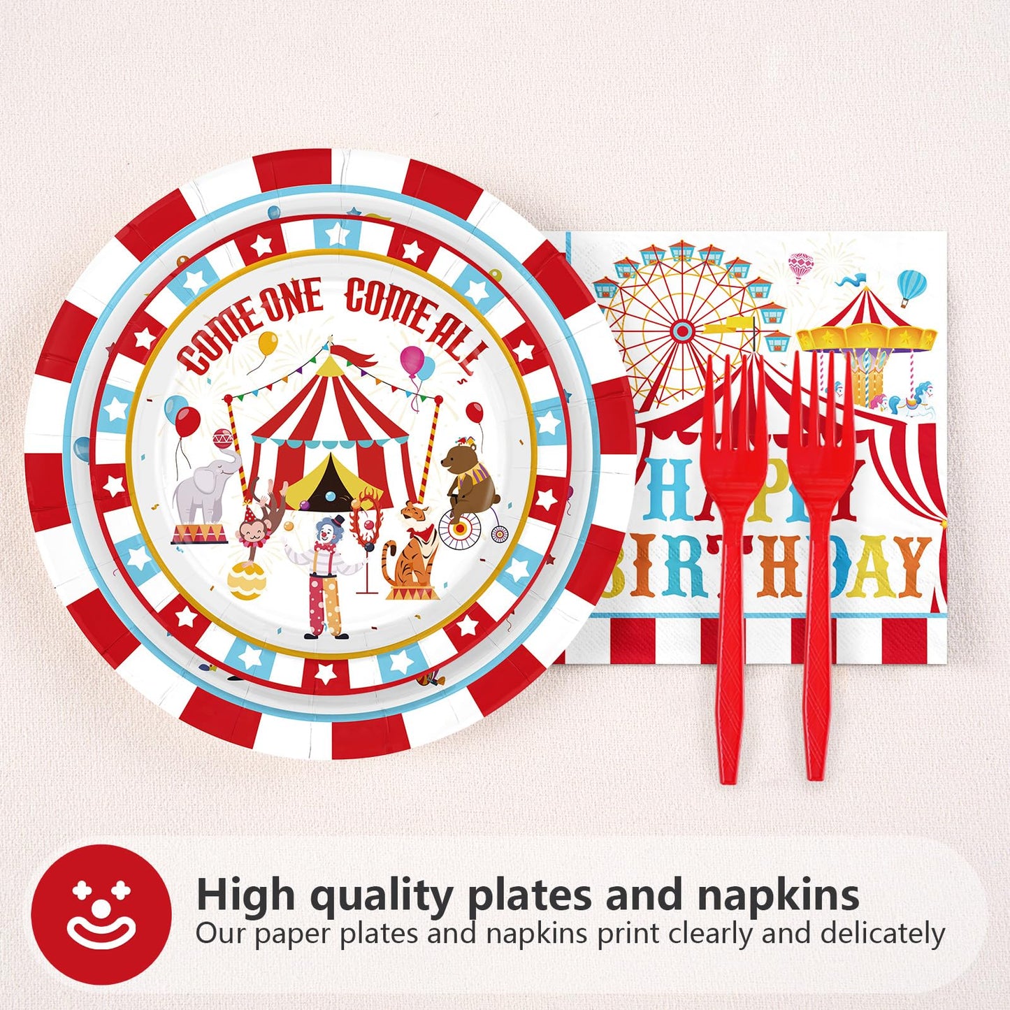 Grencian 96Pcs Carnival Circus Party Plates & Napkins – Serves 24 | Birthday Tableware Set