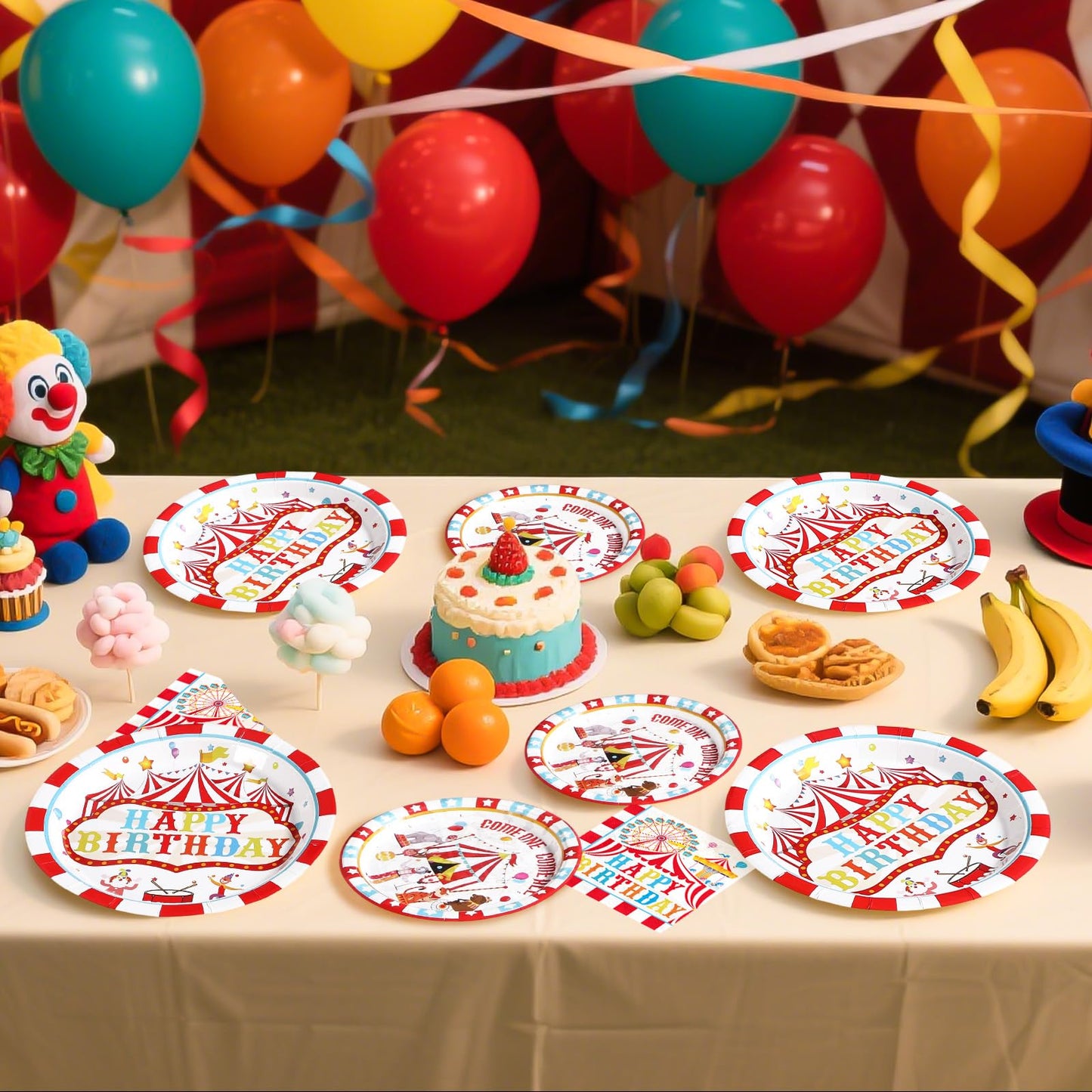 Grencian 96Pcs Carnival Circus Party Plates & Napkins – Serves 24 | Birthday Tableware Set