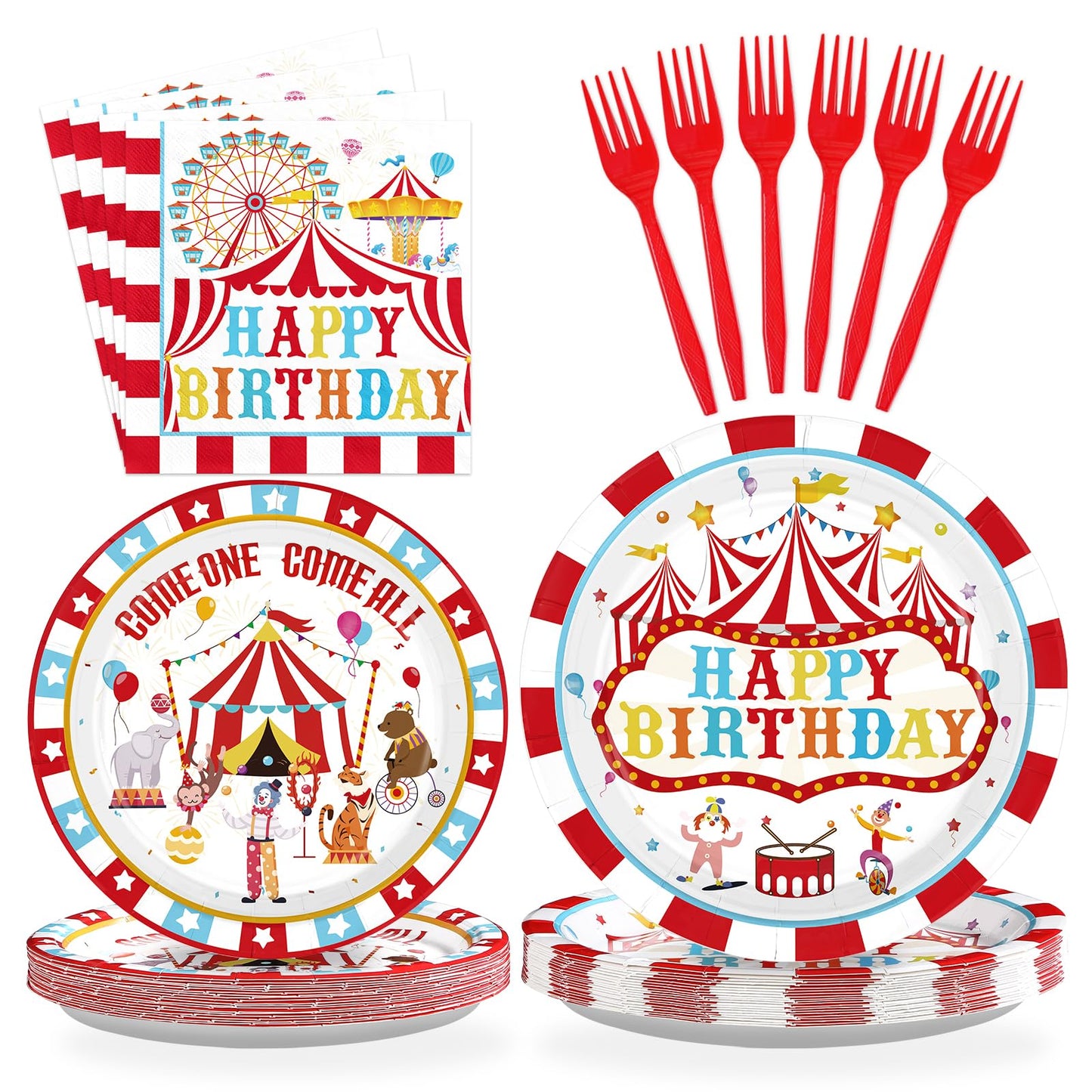 Grencian 96Pcs Carnival Circus Party Plates & Napkins – Serves 24 | Birthday Tableware Set
