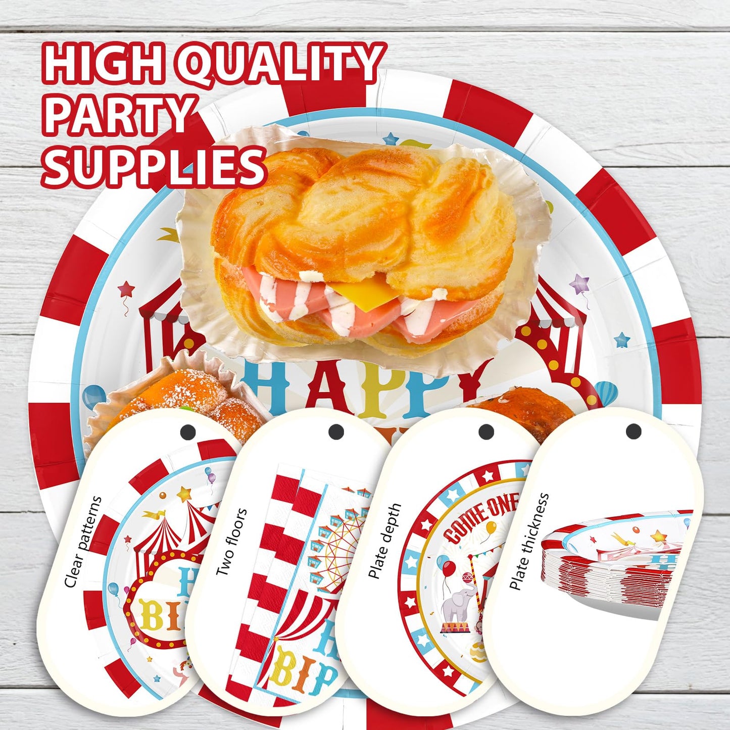 Grencian 96Pcs Carnival Circus Party Plates & Napkins – Serves 24 | Birthday Tableware Set