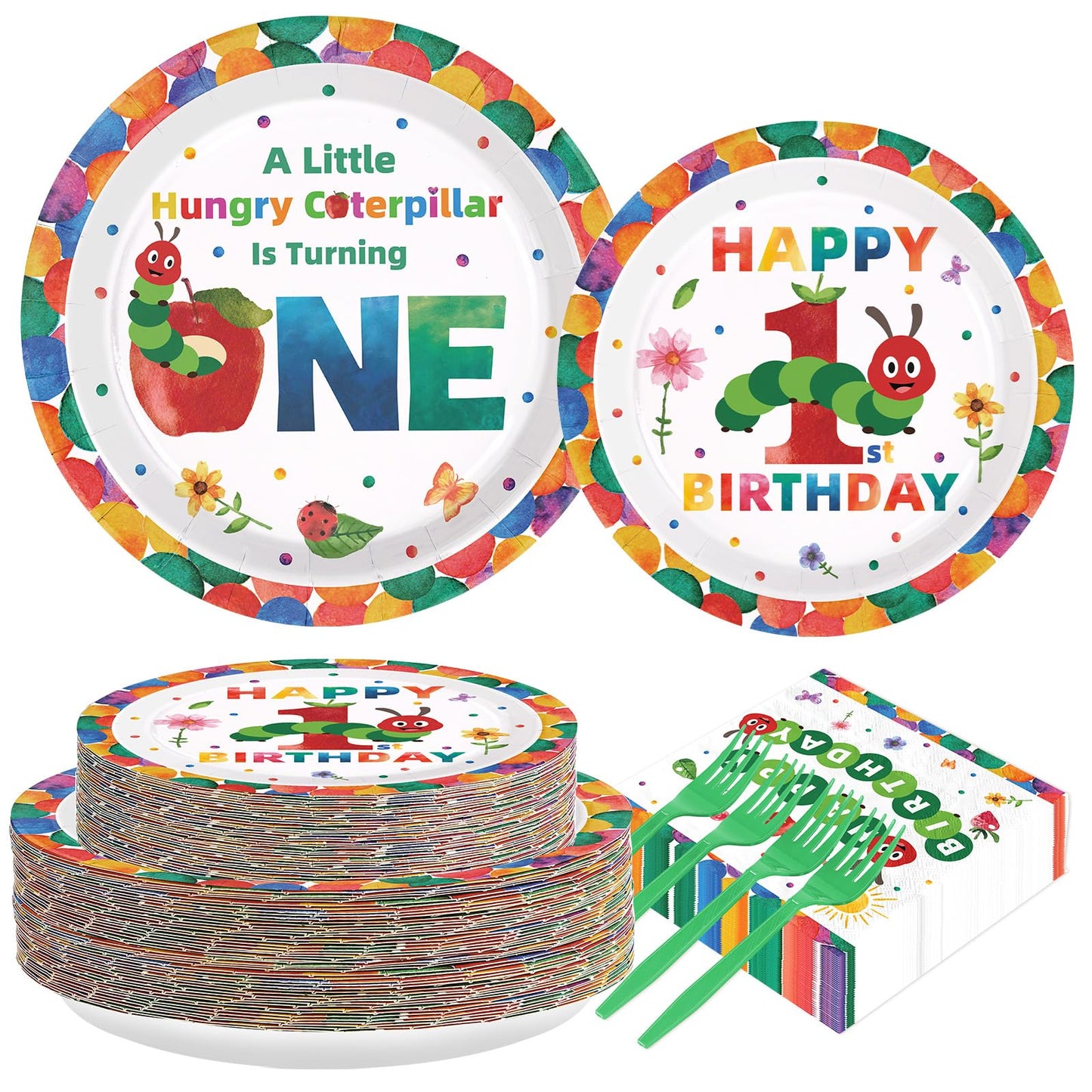Grencian 200Pcs Caterpillar First Birthday Tableware Set – Green Insect Theme Plates, Napkins & Utensils (Serves 50)
