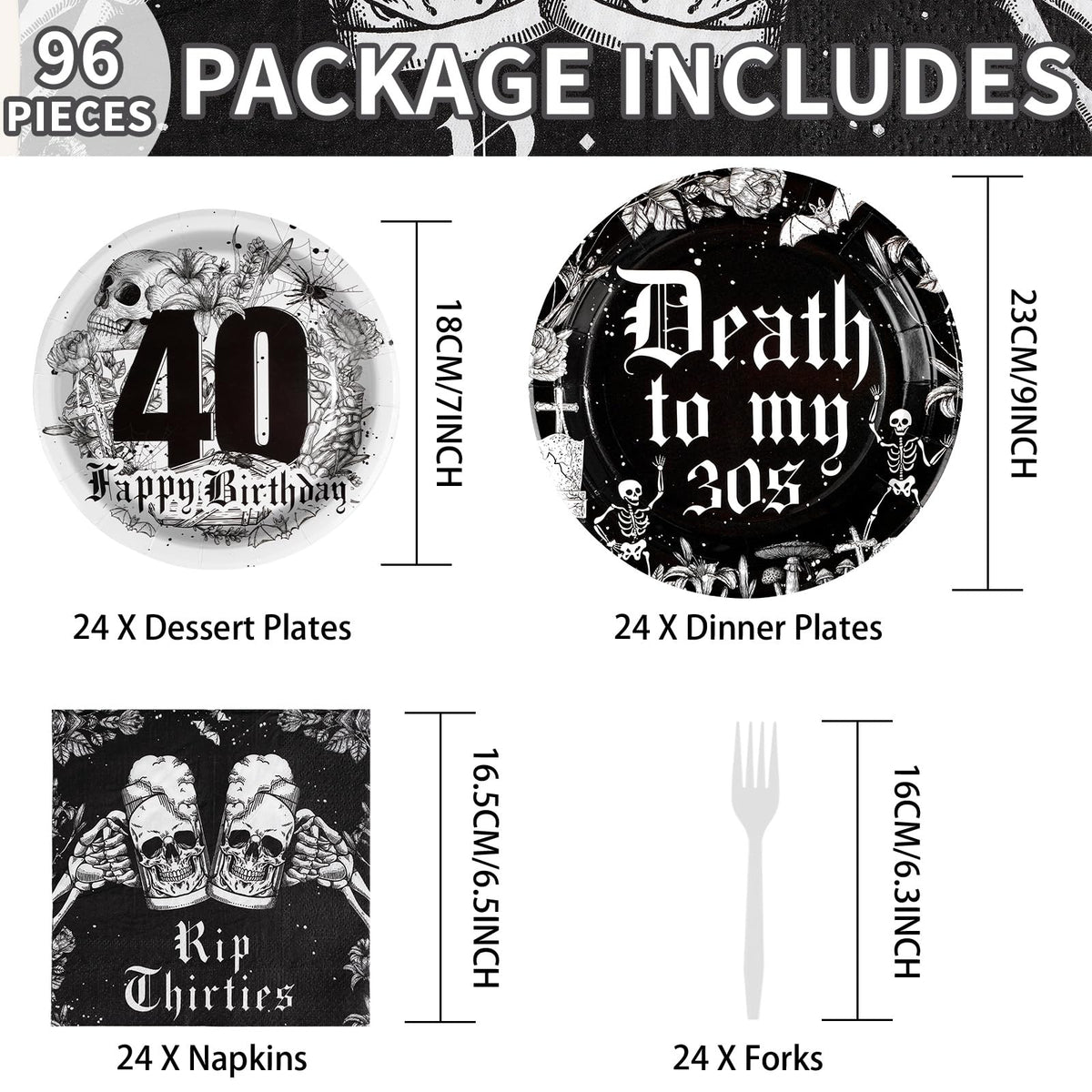 Grencian Death to My 30s 96-Pcs 40th Birthday Tableware Set for 24 Guests