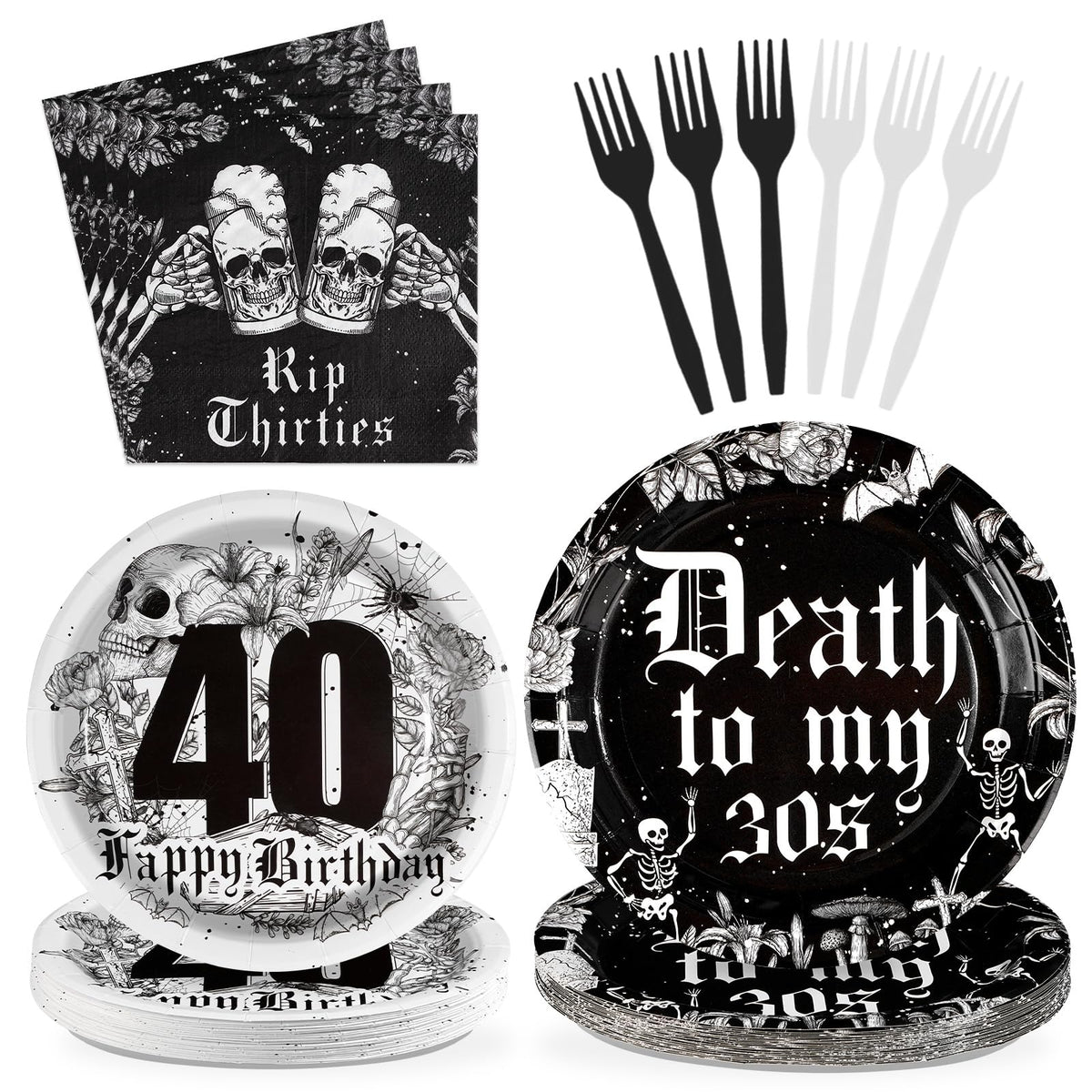 Grencian Death to My 30s 96-Pcs 40th Birthday Tableware Set for 24 Guests