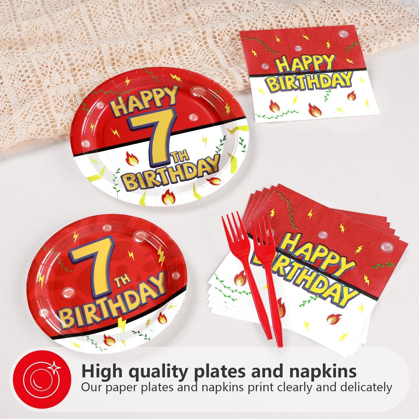 Grencian 96Pcs Happy 7th Birthday Tableware Set – Cartoon Red & White Theme, Serves 24