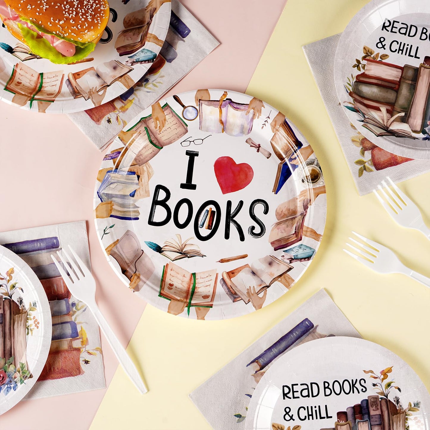 Grencian 96 Pcs Book Themed Party Decorations for Book Club – Plates, Napkins & Forks (Serves 24)