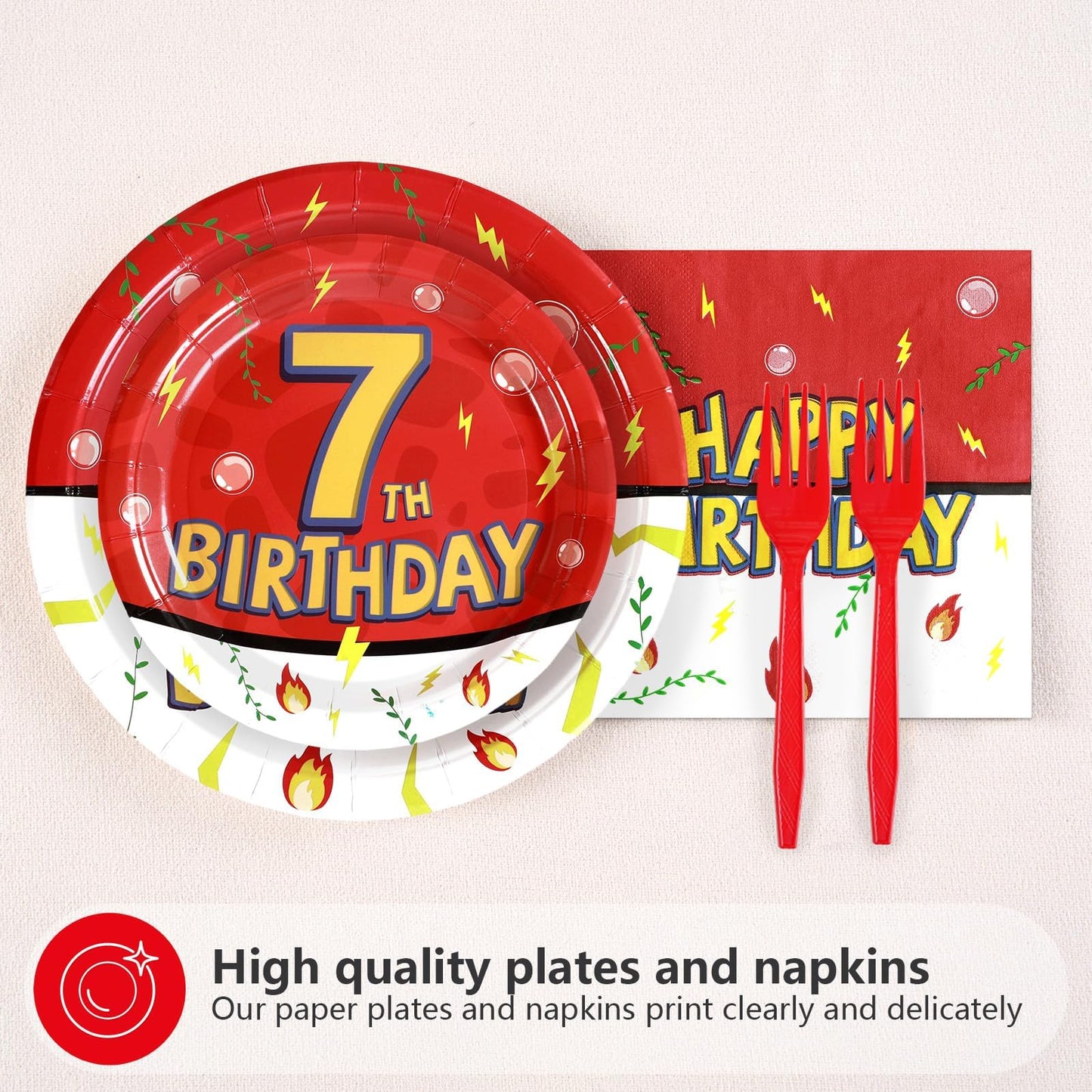 Grencian 96Pcs Happy 7th Birthday Tableware Set – Cartoon Red & White Theme, Serves 24