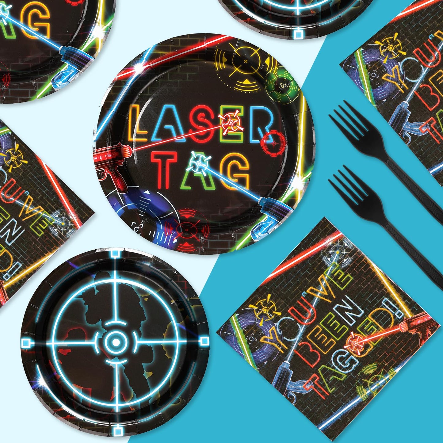 Grencian 96 Pcs Laser Tag Party Supplies Glow Neon Tableware Set Serves 24