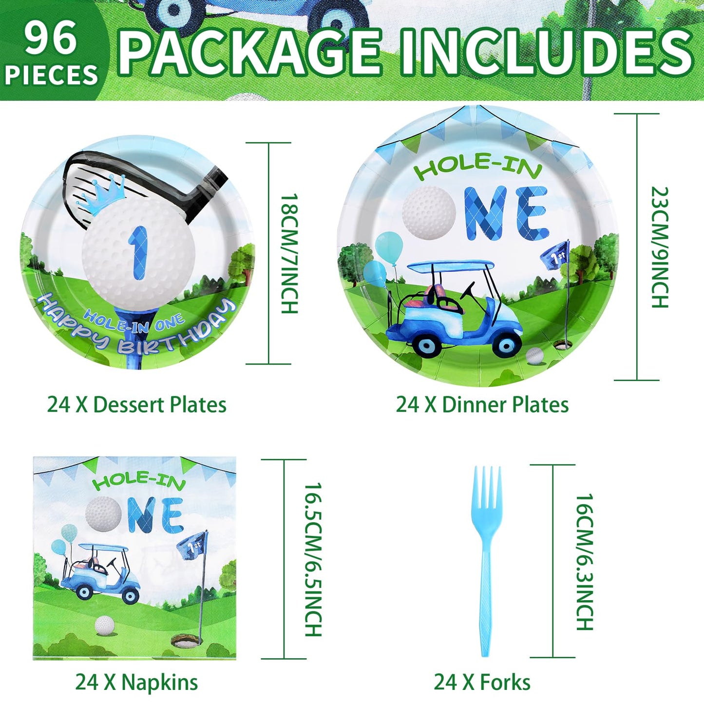Grencian Golf First Birthday Party Supplies — Hole-in-One Tableware Set (Serves 24)