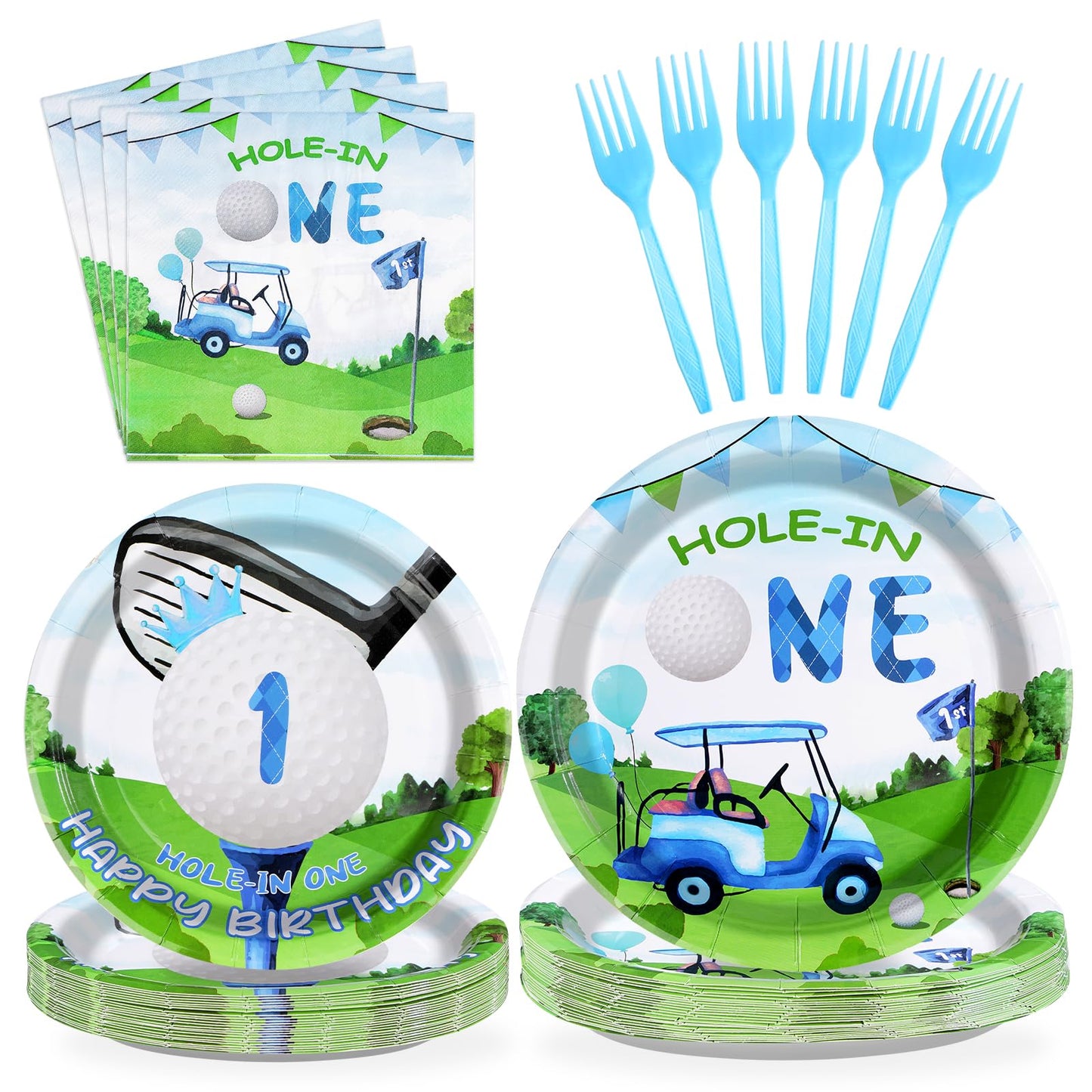 Grencian Golf First Birthday Party Supplies — Hole-in-One Tableware Set (Serves 24)